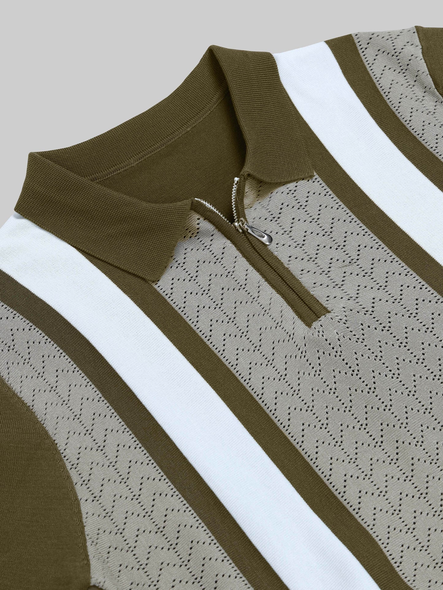 Chevron Stripe Flat-Knit Zip Polo - Olive