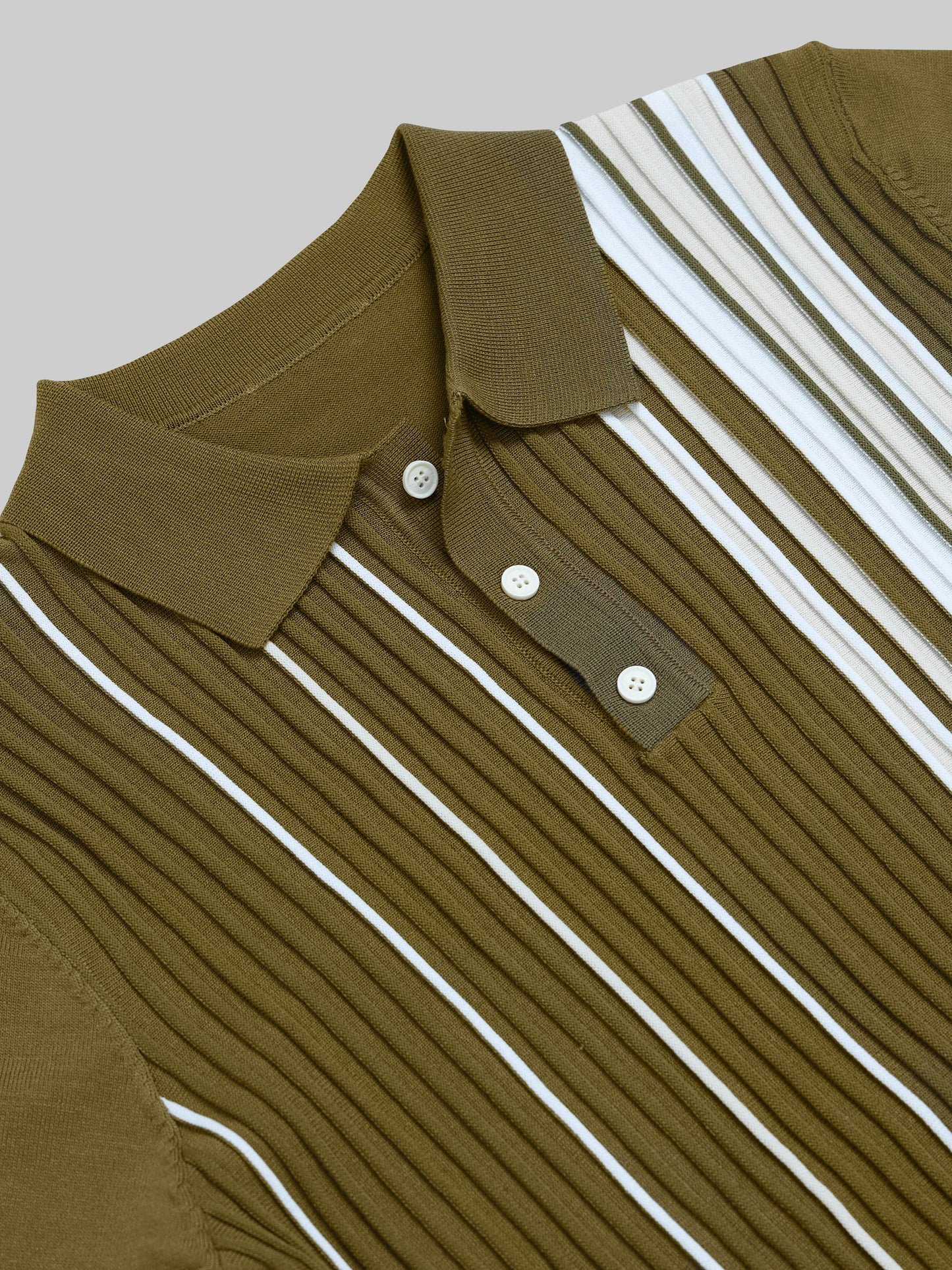 Vertical Stripe Flat-Knit Polo - Olive