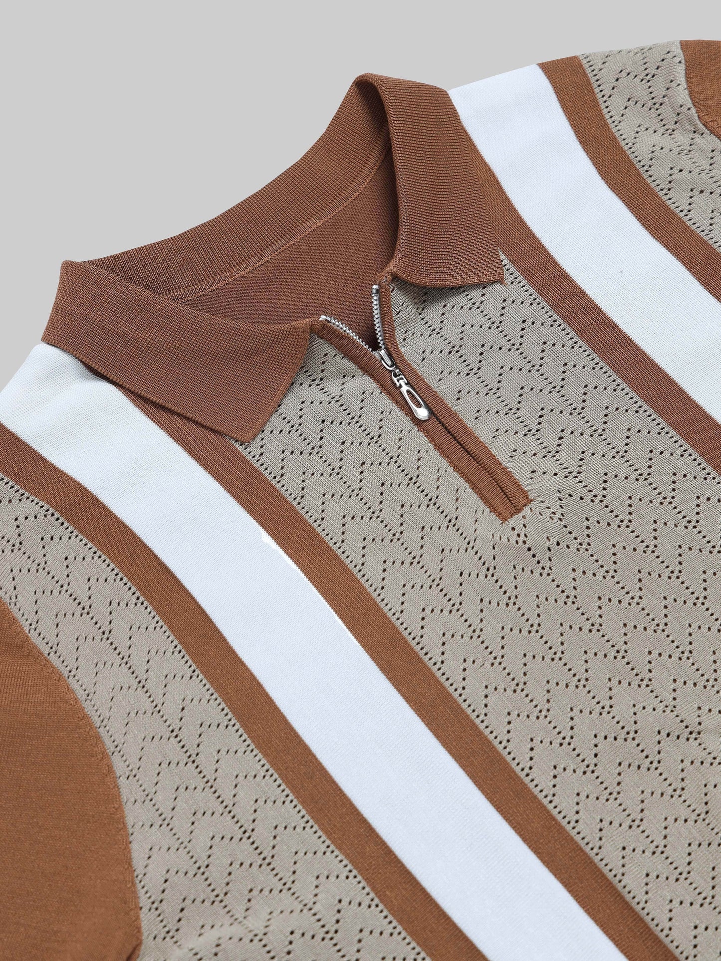 Chevron Stripe Flat-Knit Zip Polo - Brown