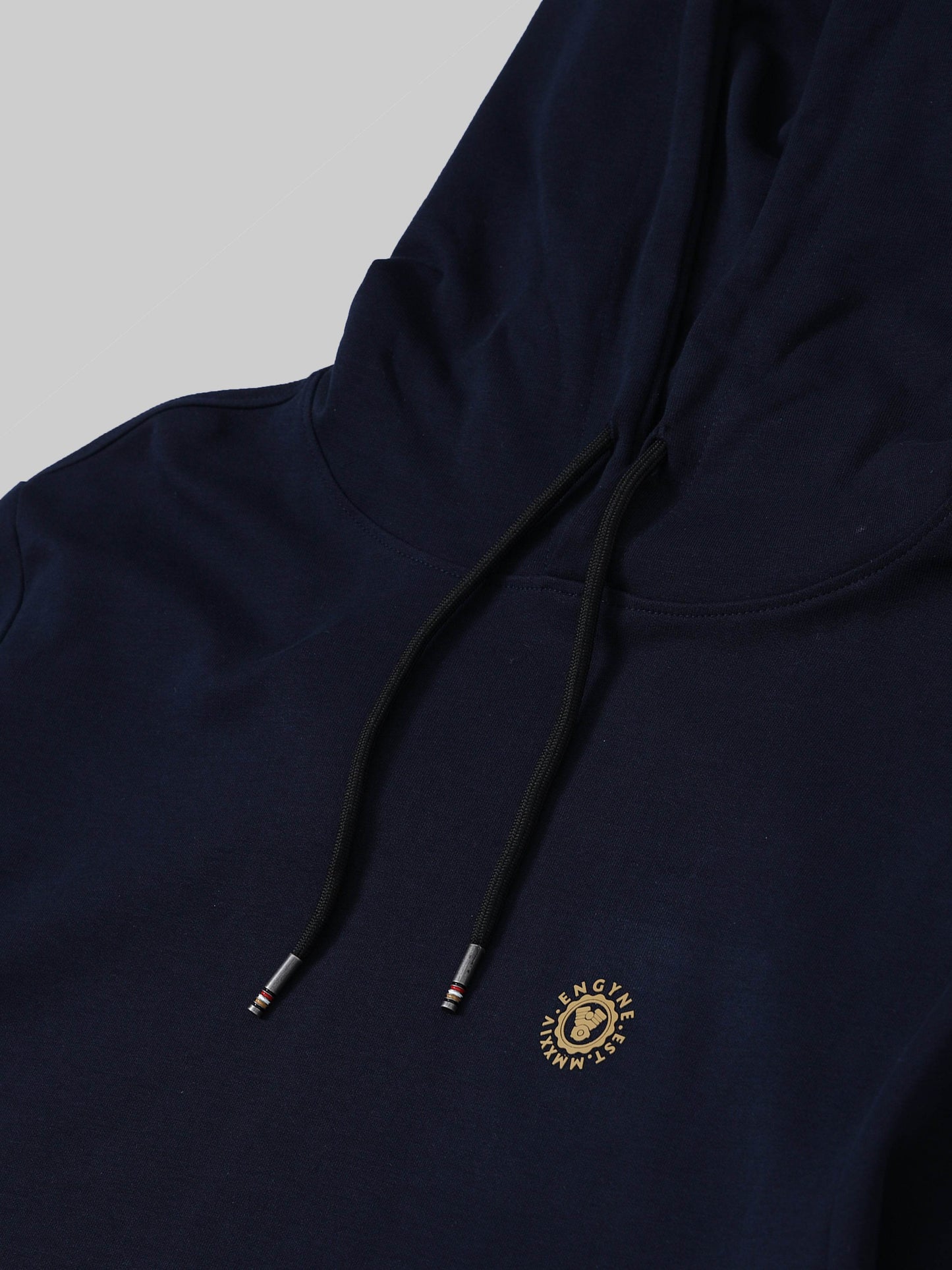 Engyne Essential Hooded Sweatshirt with Contrast HD Print in Rougen Cotton Poly Elastane Interlock Navy