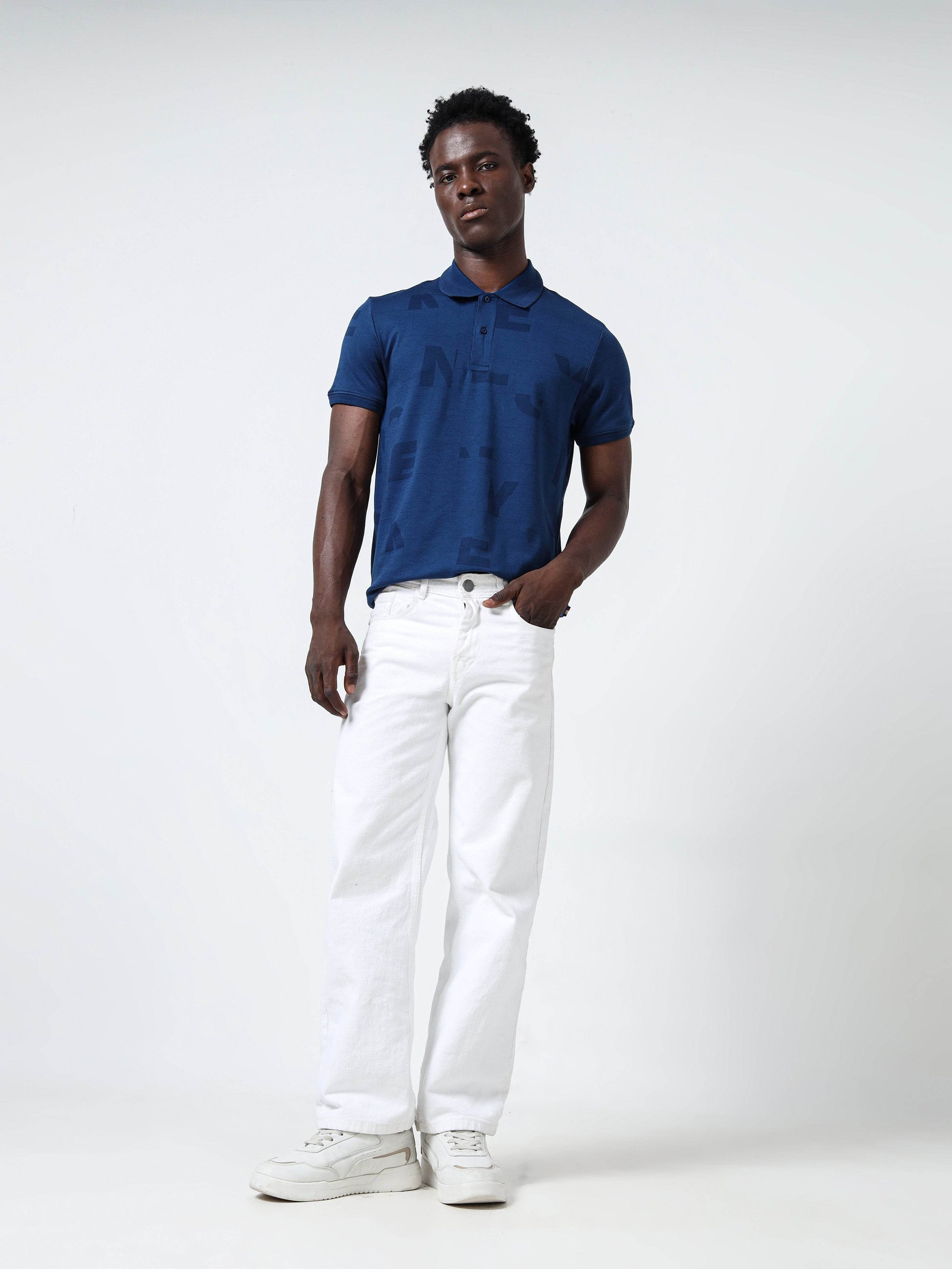 Honeycomb Collar Dark Blue Polo T-Shirt for Men

