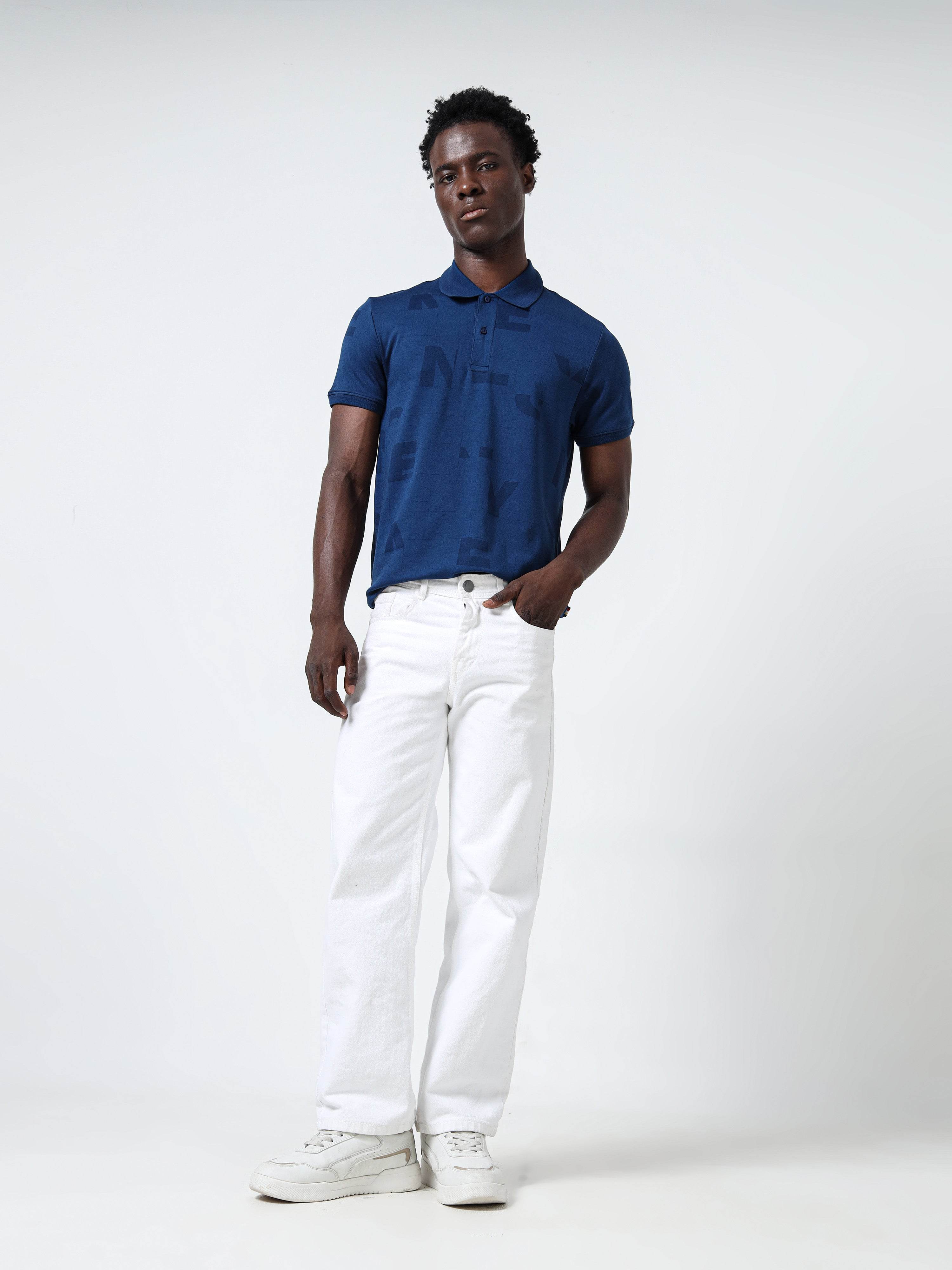 Honeycomb Collar Dark Blue Polo T-Shirt for Men
