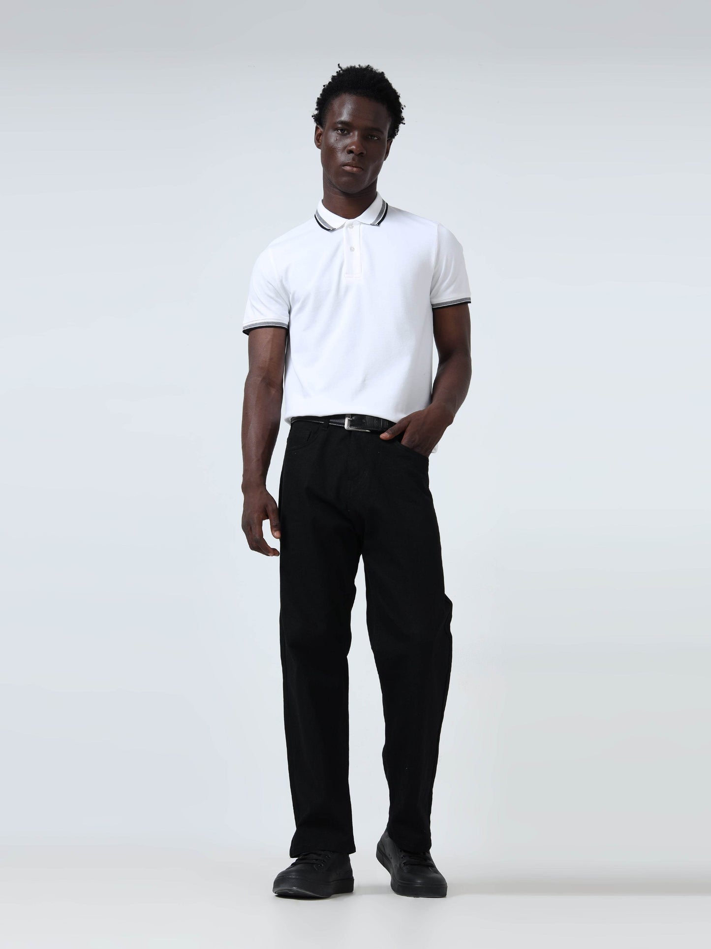 Contrast-Tipped Collar Textured White Polo T-Shirt