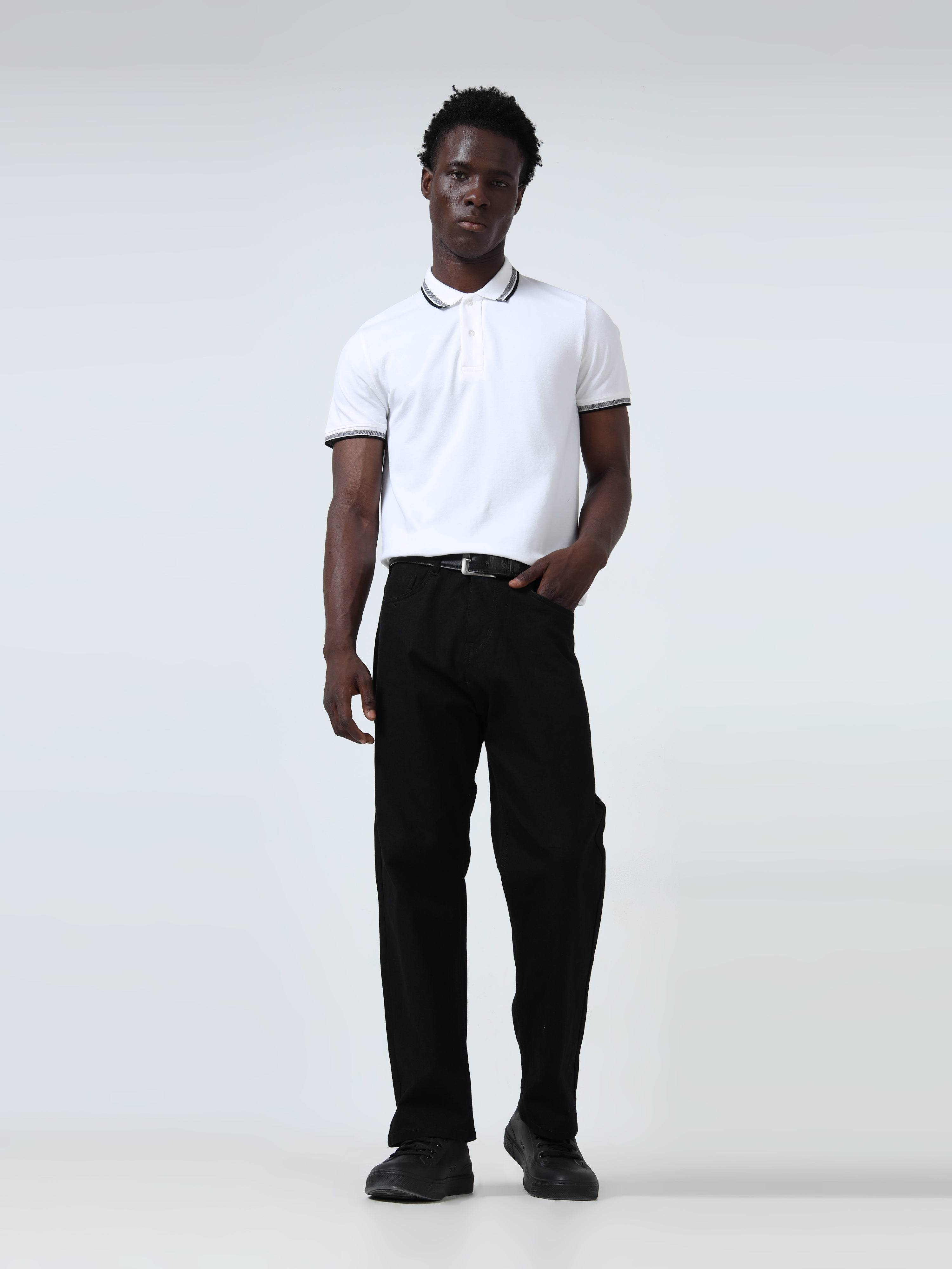 Contrast-Tipped Collar Textured White Polo T-Shirt