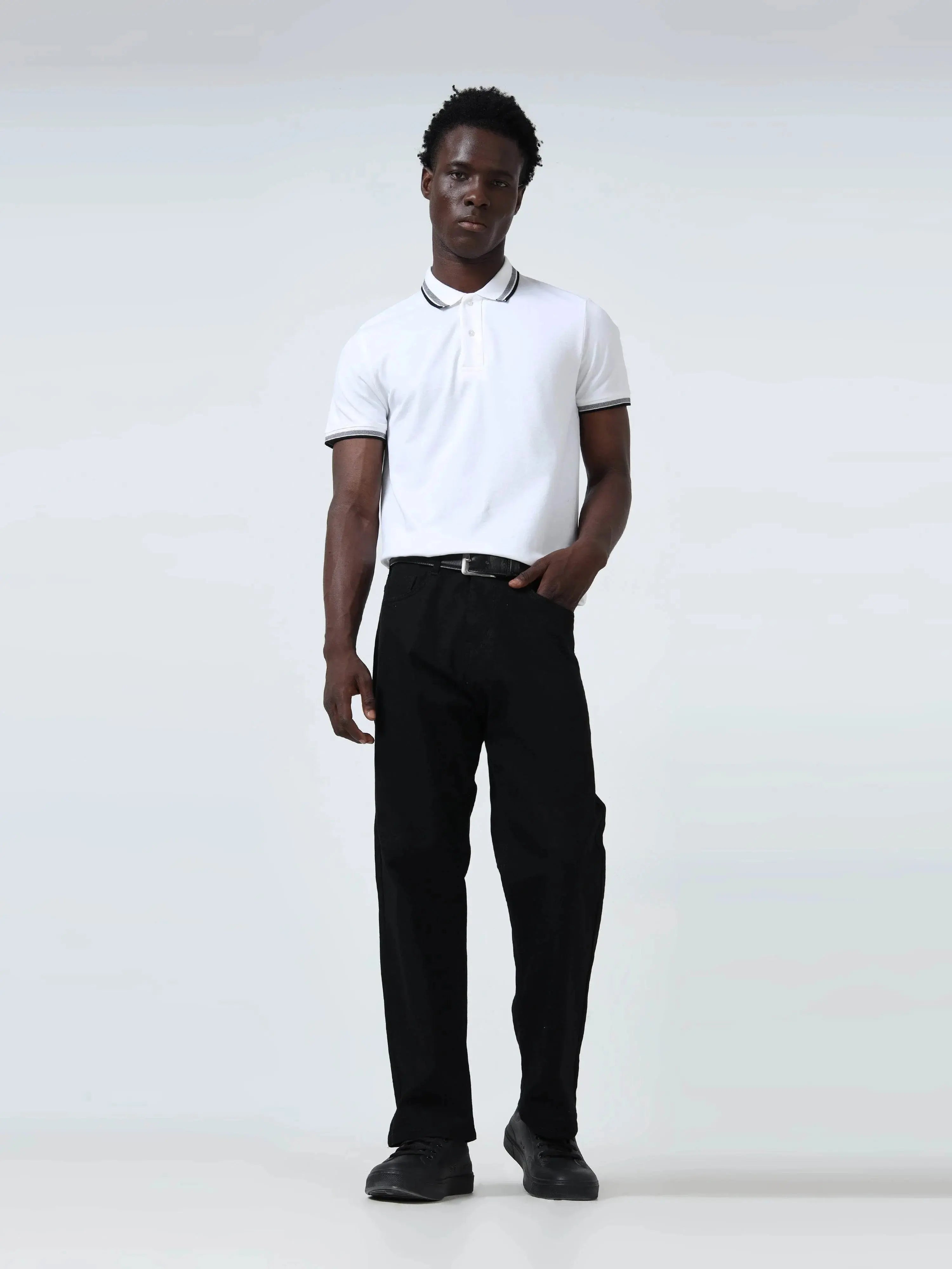 Contrast-Tipped Collar Textured White Polo T-Shirt