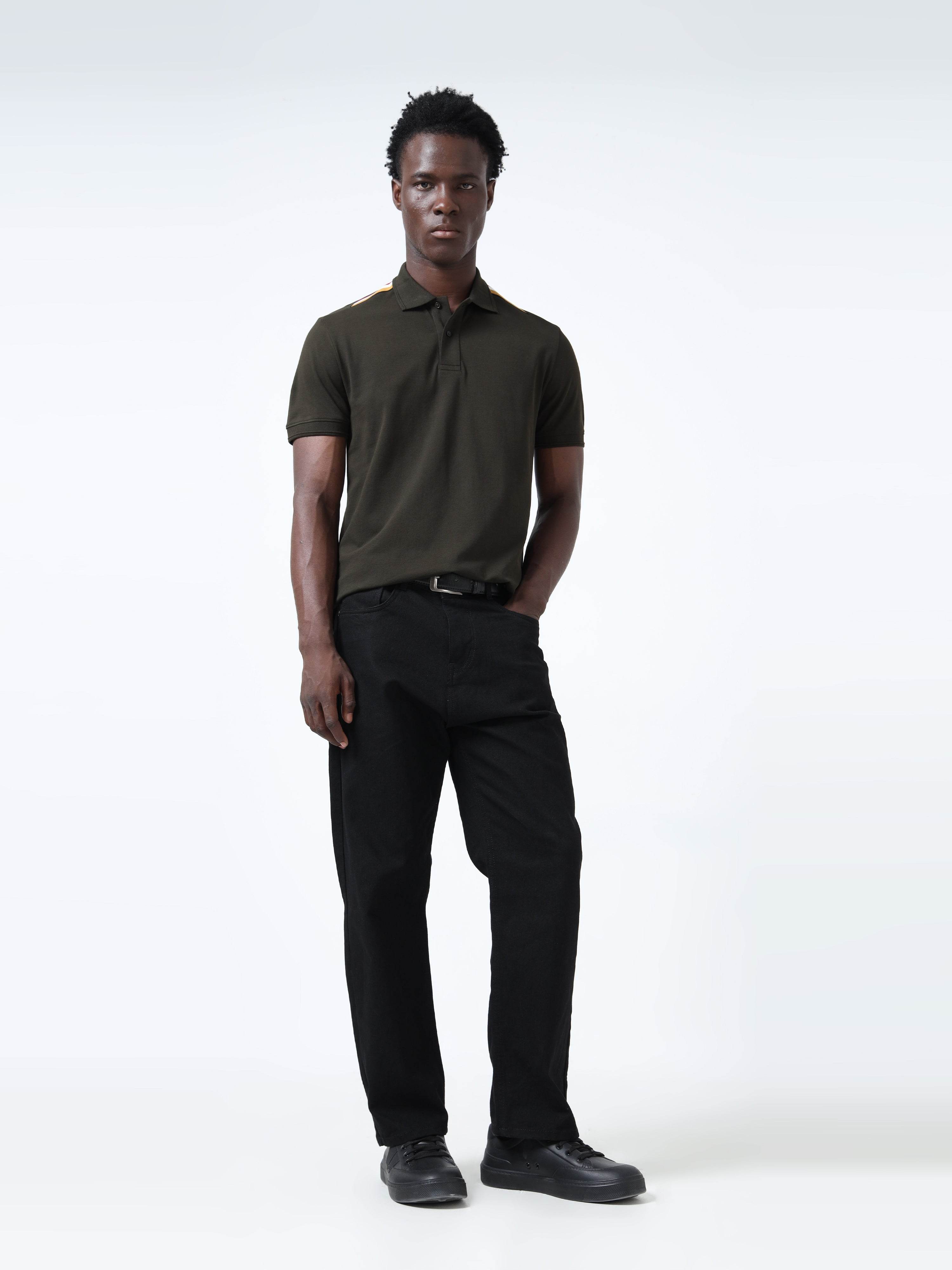 Four-Color Flag Rib Shoulder Men's Olive Green Polo Shirt