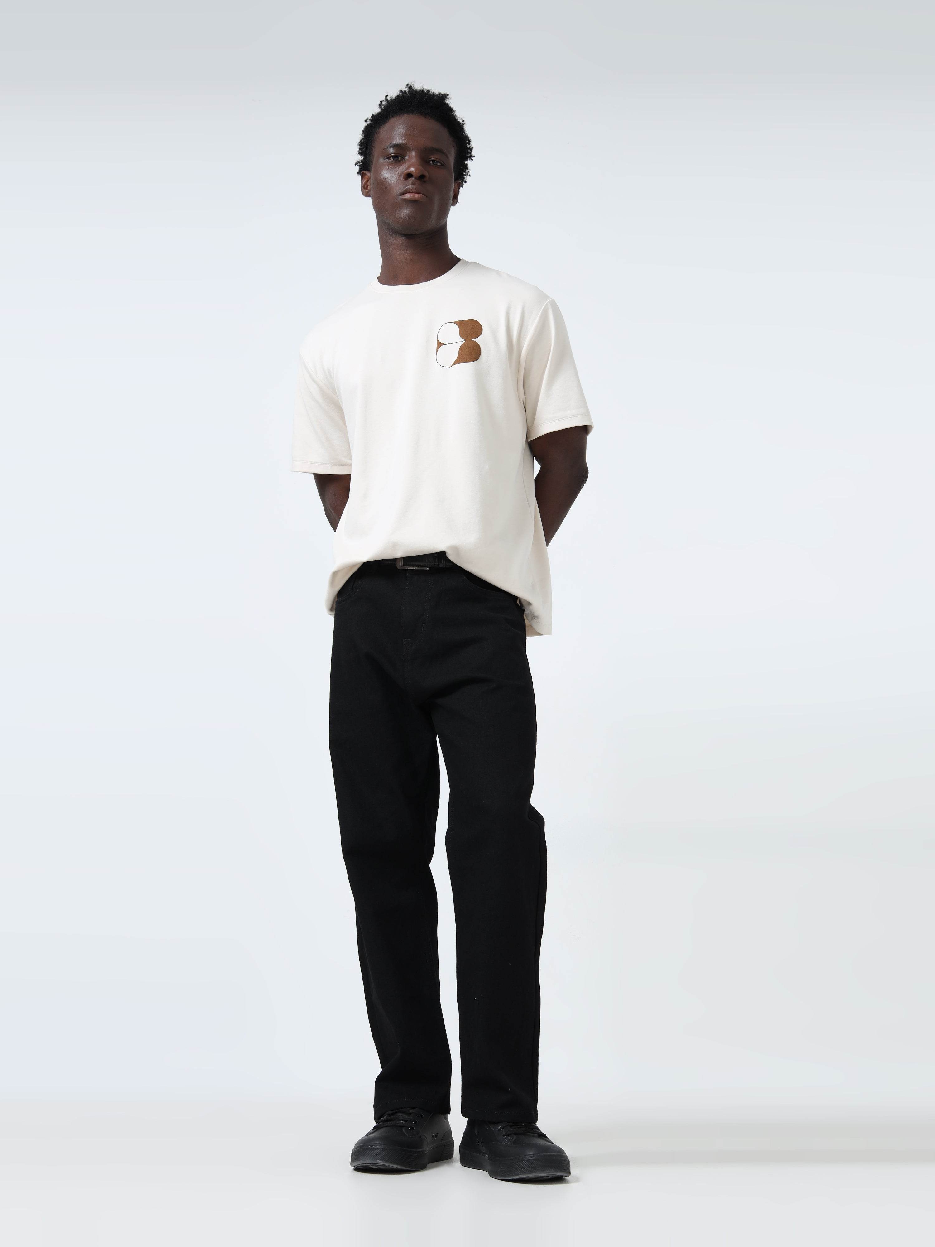 Suede-Finish Printed Beige Oversize T-Shirt for Men