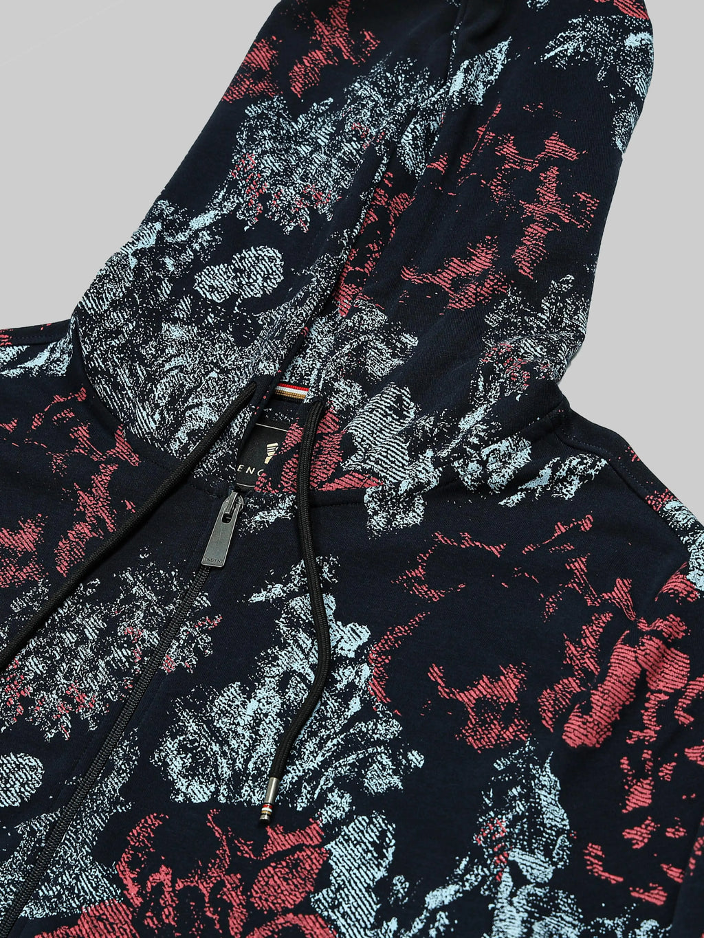 Men's Printed Navy Blue Regular Hooded Zipper Engyne