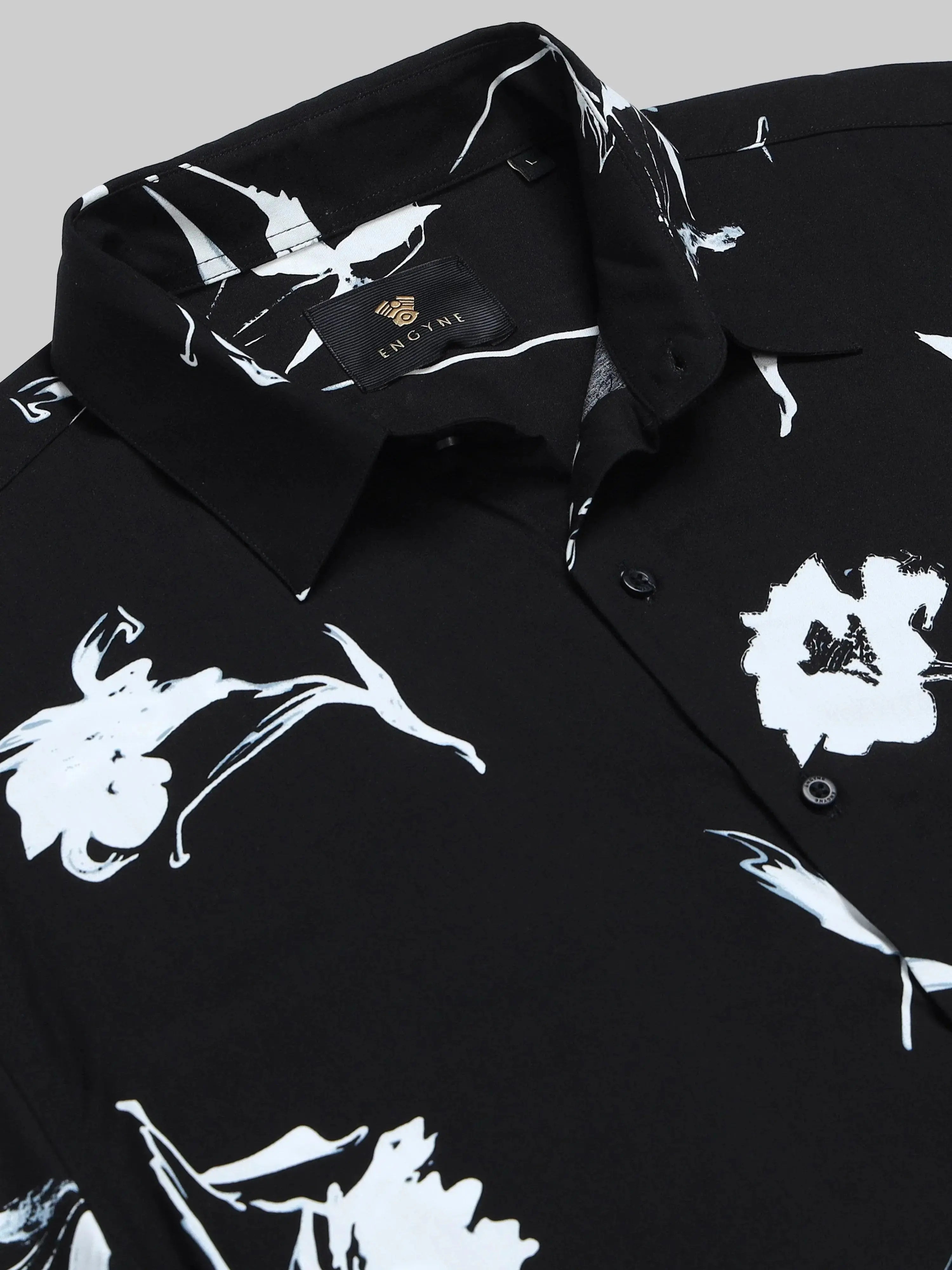 Men's Lunar Bloom Floral Short Sleeve Printed Black Shirt Engyne