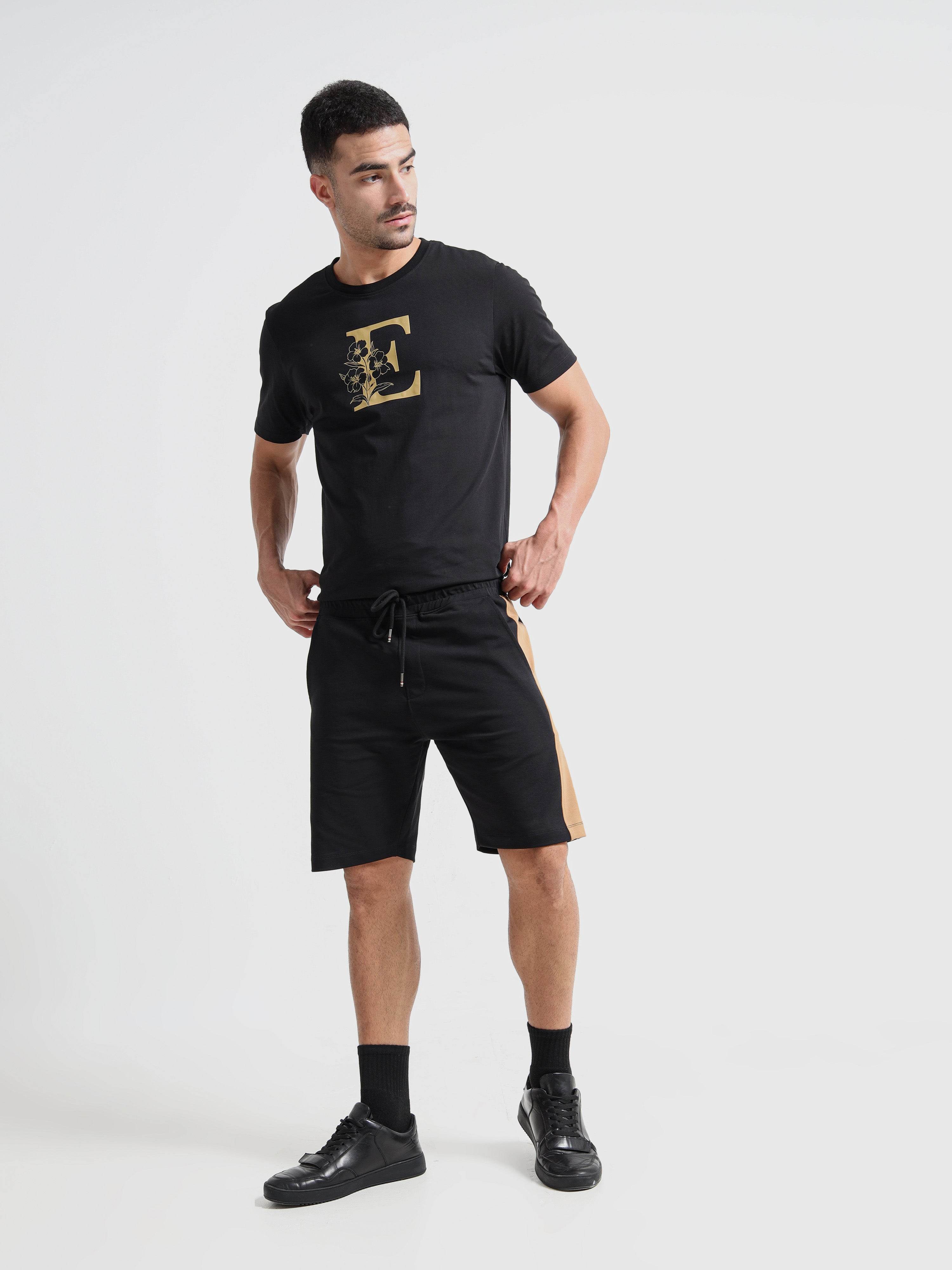 Contrast Cut & Sew Loop Knit Black Shorts For Men