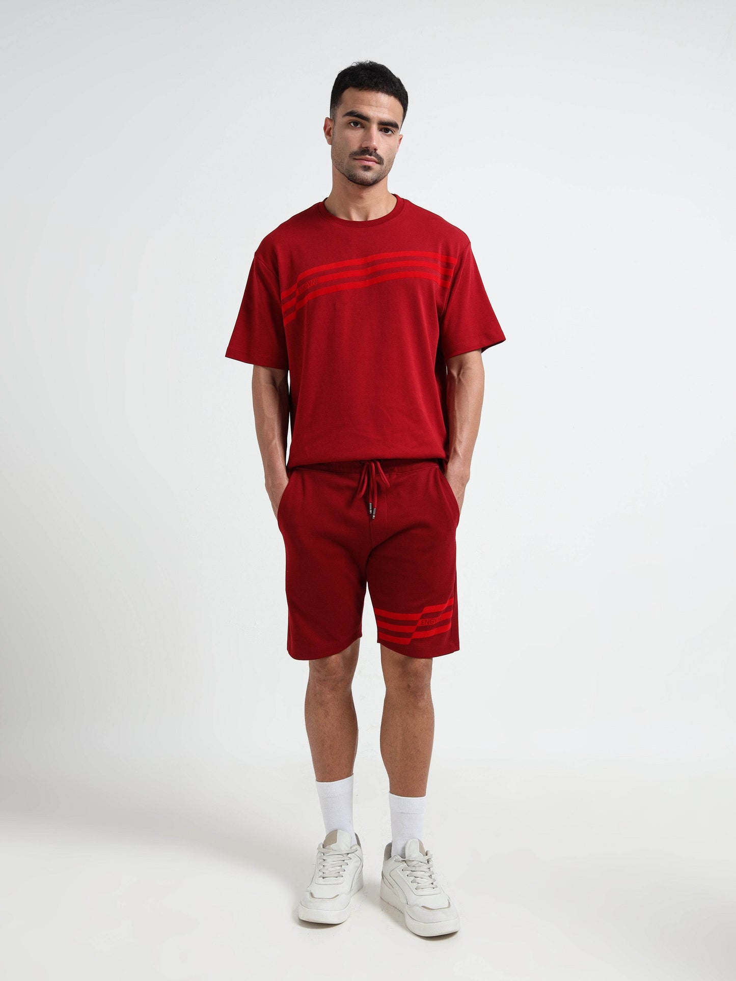 Oversize Flock Stripe Print Dark Red T Shirt For Men