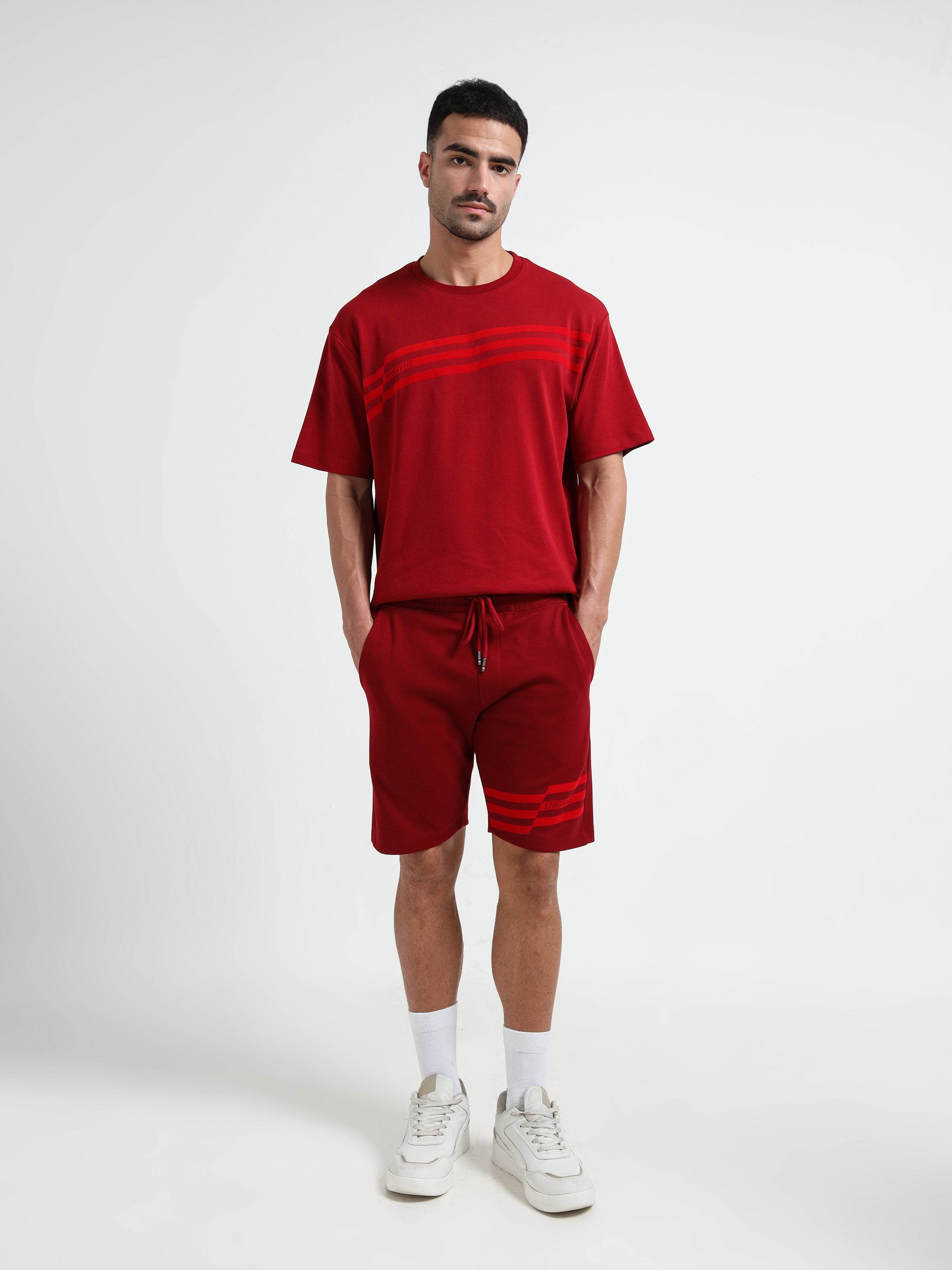 Oversize Flock Stripe Print Dark Red T Shirt For Men