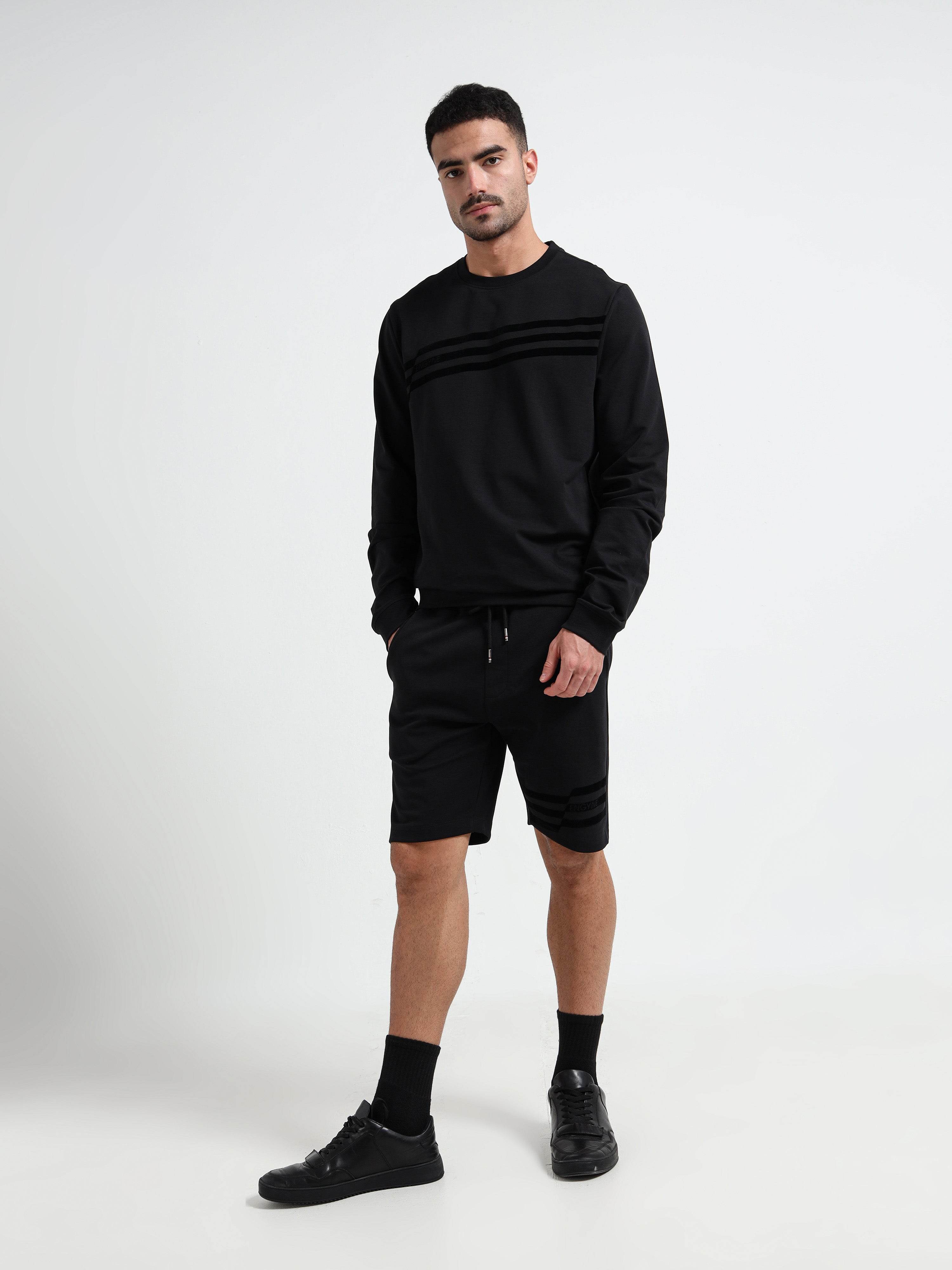 Regular fit Flock Stripe Mens Black Shorts