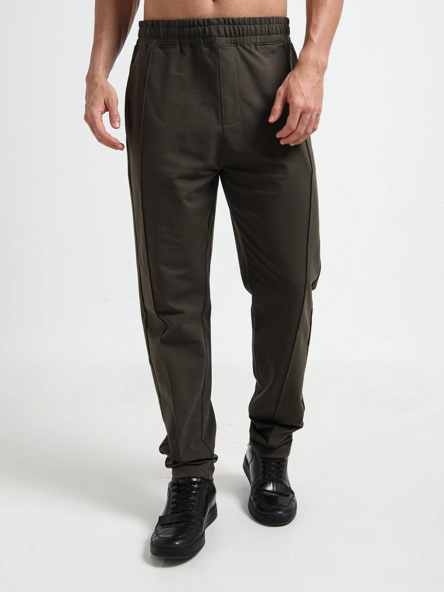 Olive Mens Track Pants with Center Pin Tuck element