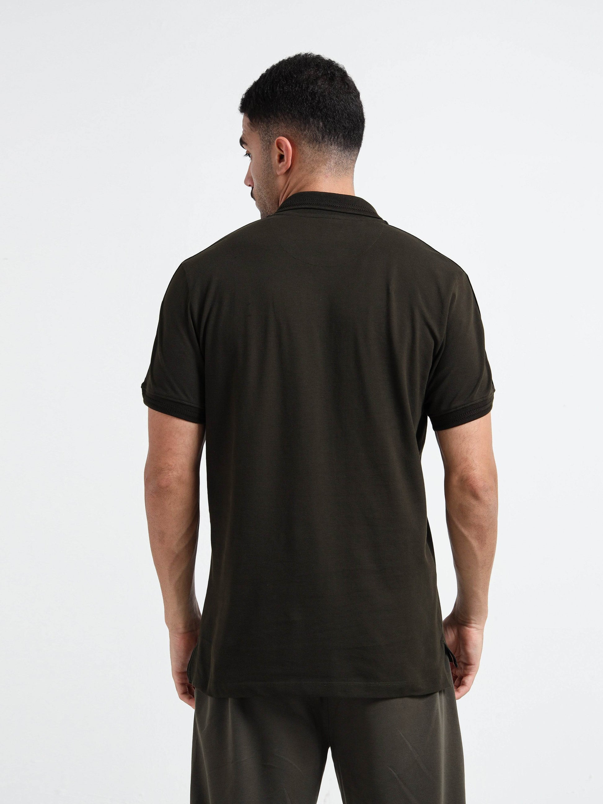 Textured Collar & Shoulder Olive Green Polo for Men