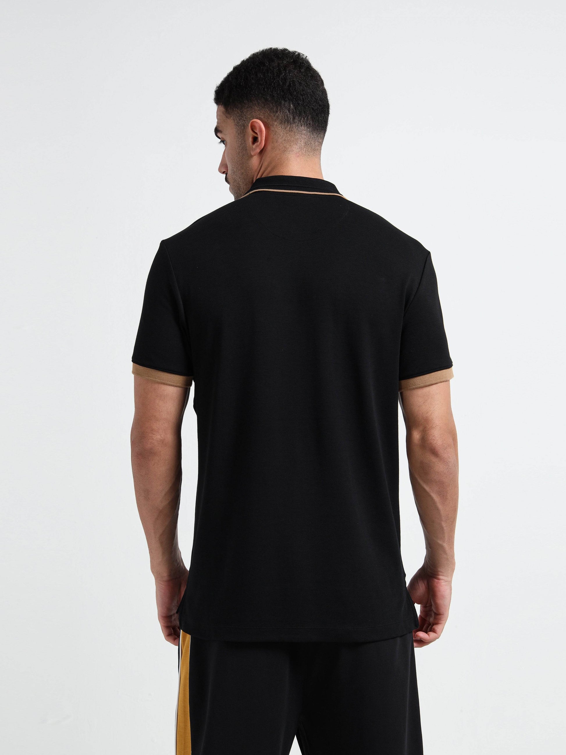 Supima Cotton Lycra Tonal Shoulder Black Polo Tshirts