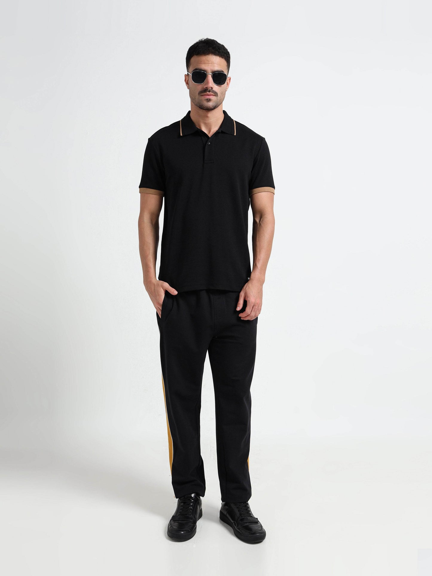 Supima Cotton Lycra Tonal Shoulder Black Polo Tshirts