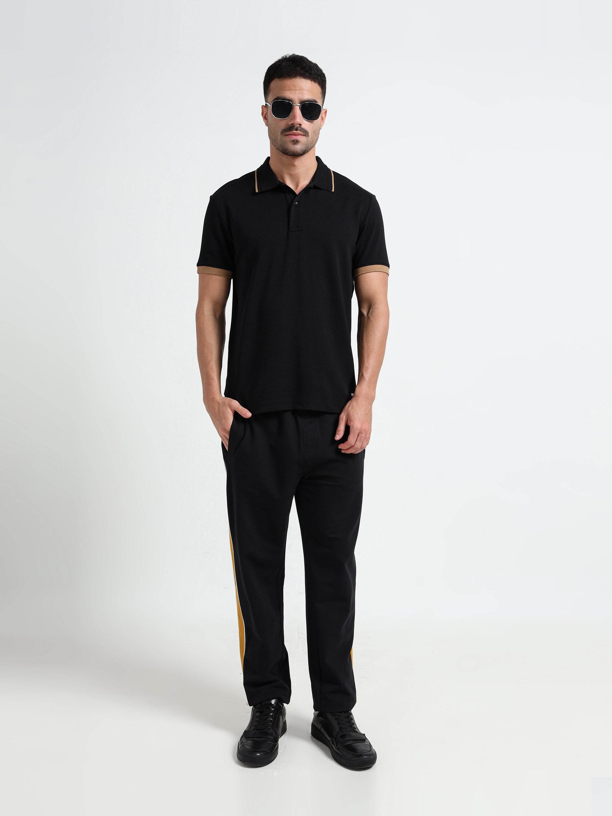 Supima Cotton Lycra Tonal Shoulder Black Polo Tshirts