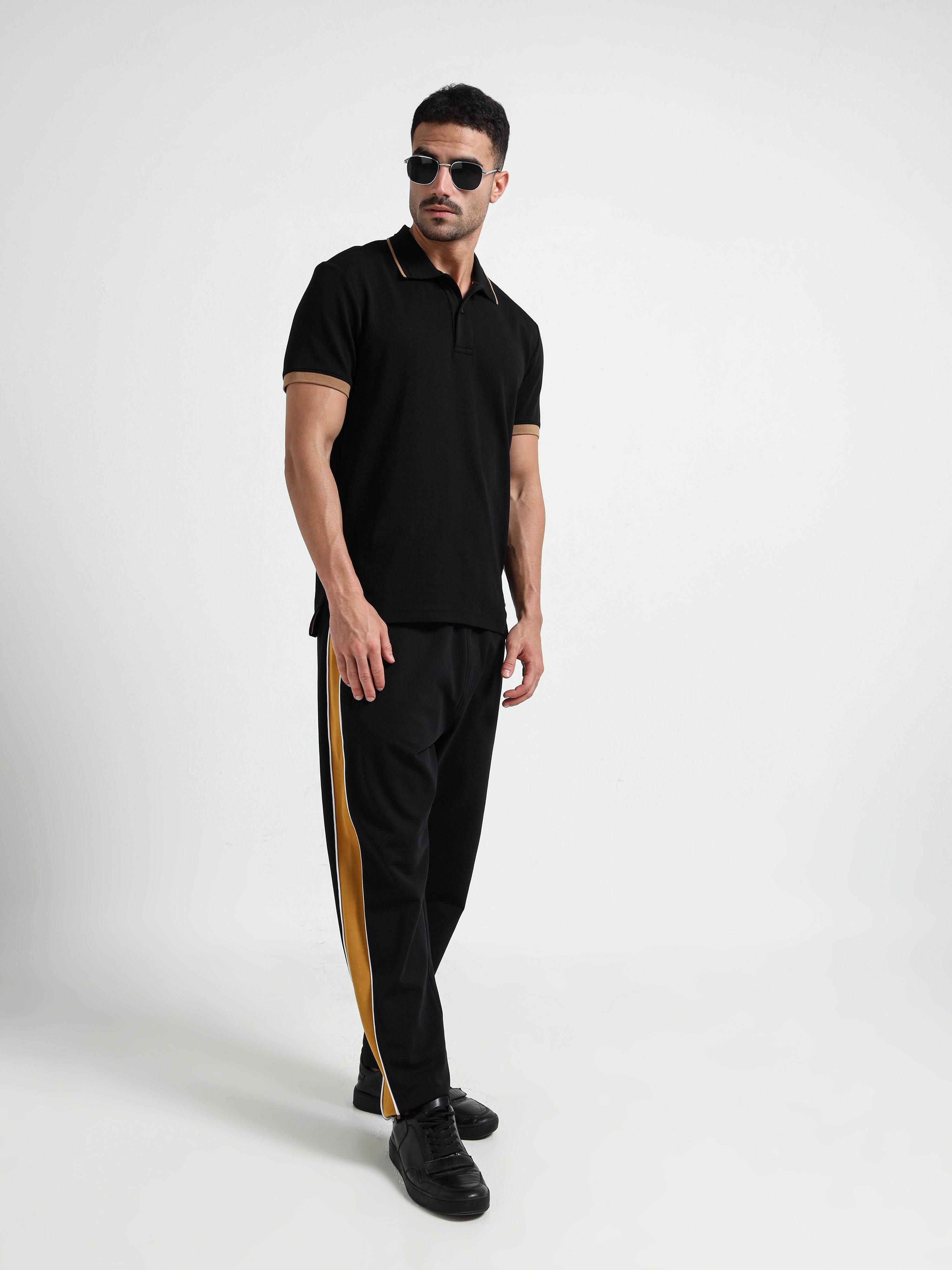 Contrast Cut & Sew Loop Knit Mens Black Track Pants