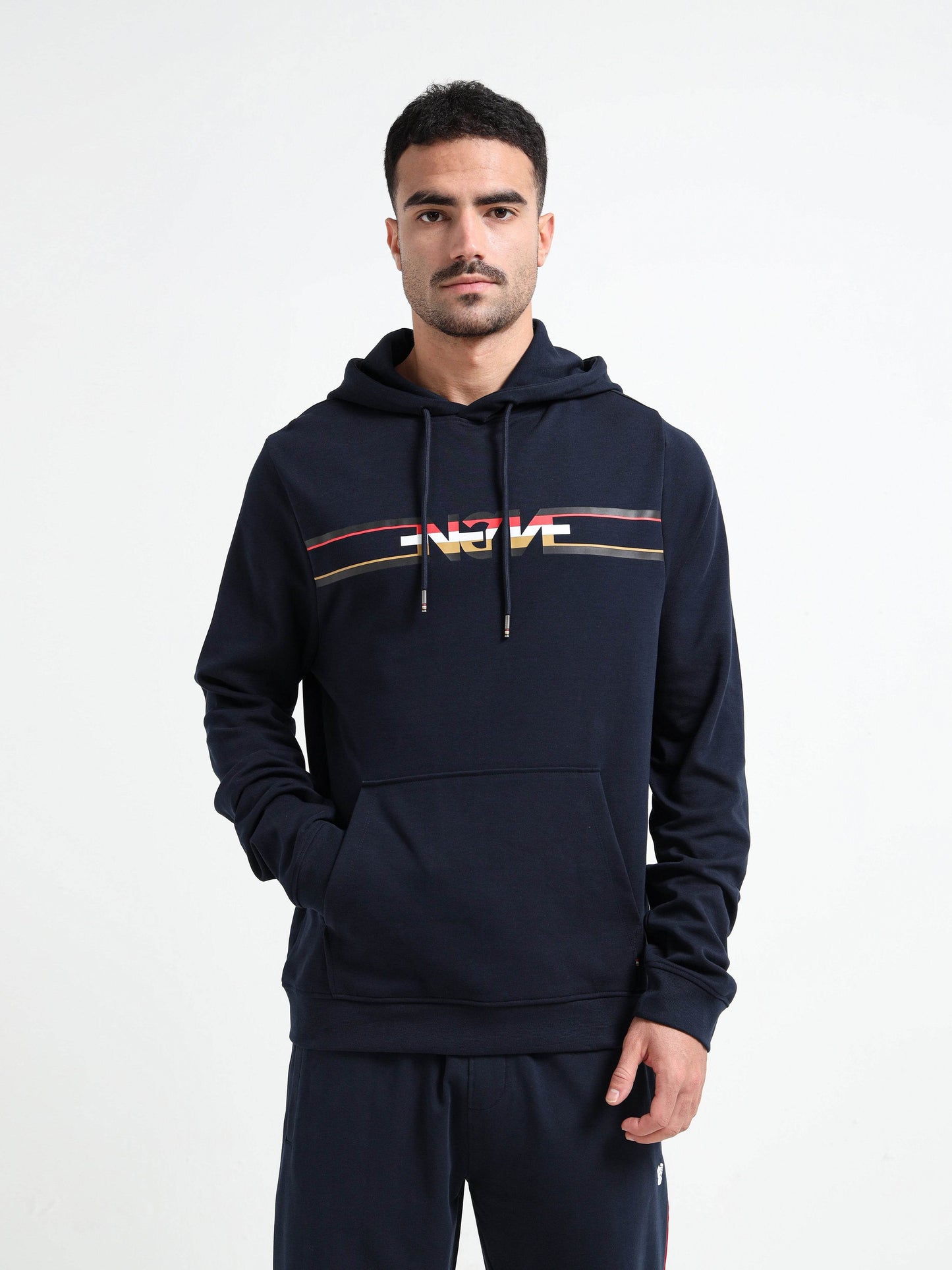 Rougen Platted Interlock Navy Blue Hoodie Mens