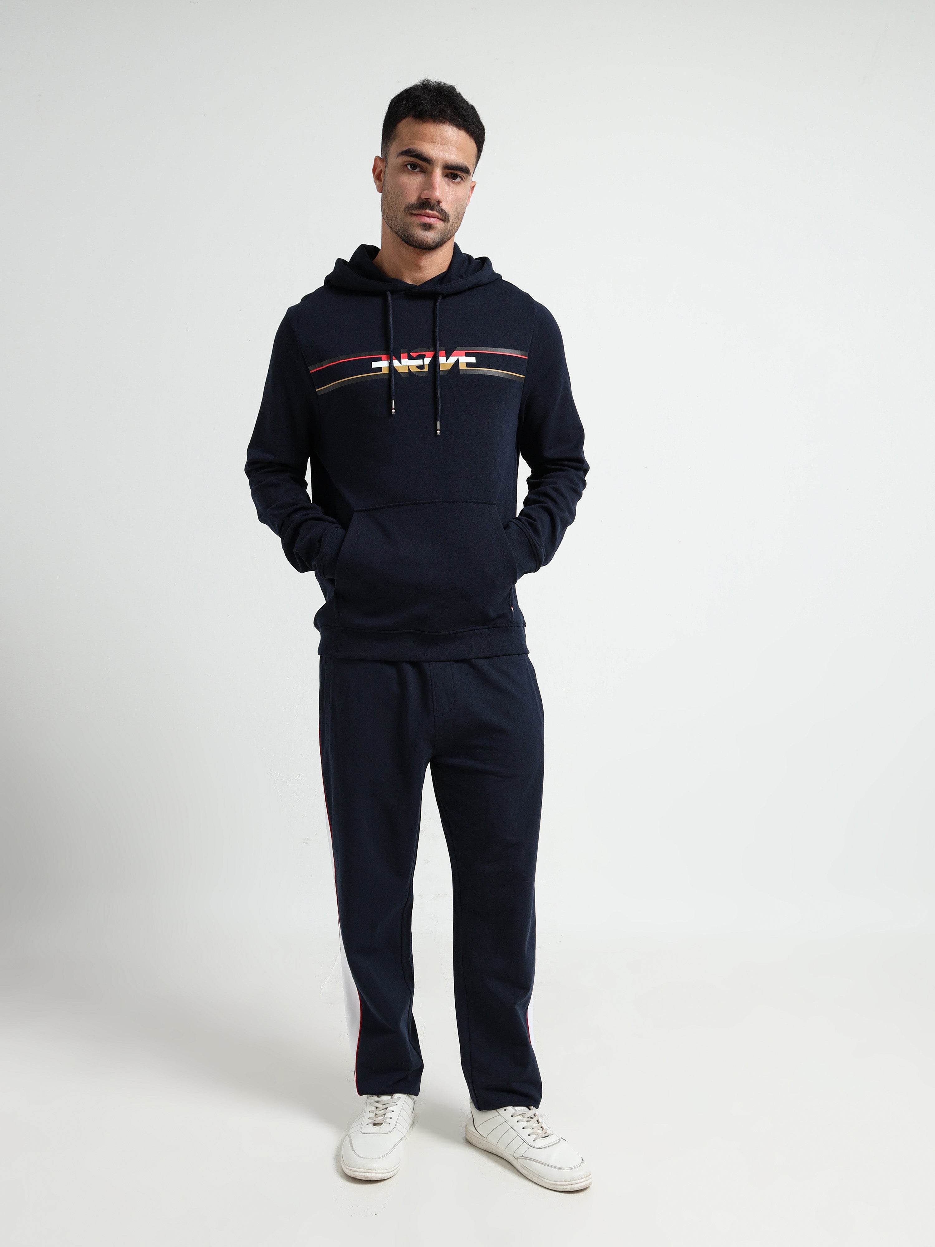 Contrast Cut & Sew Loop Knit Navy Blue Track Pants
