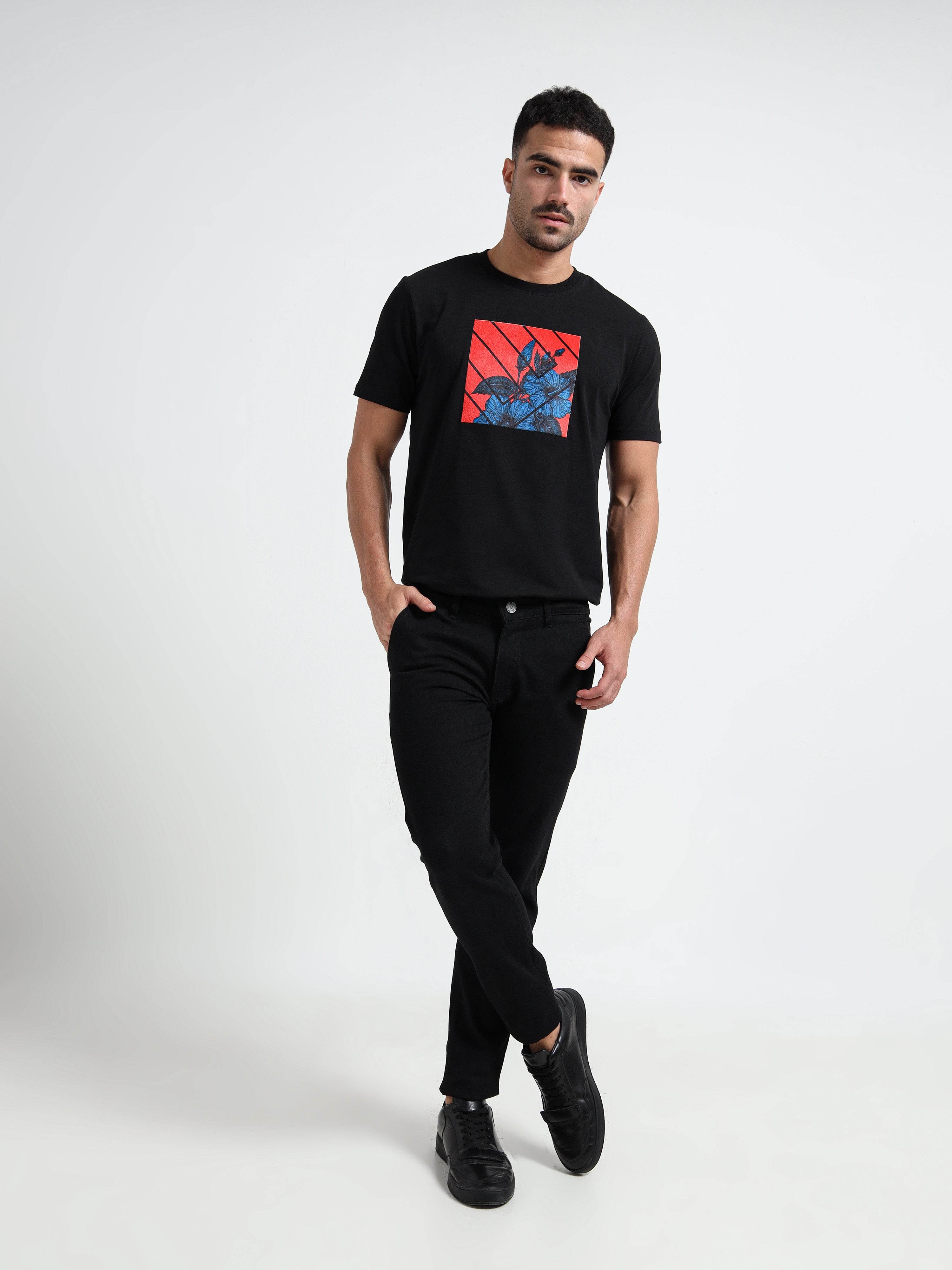 Supima Cotton Lycra Digital Flock Black Print Tee