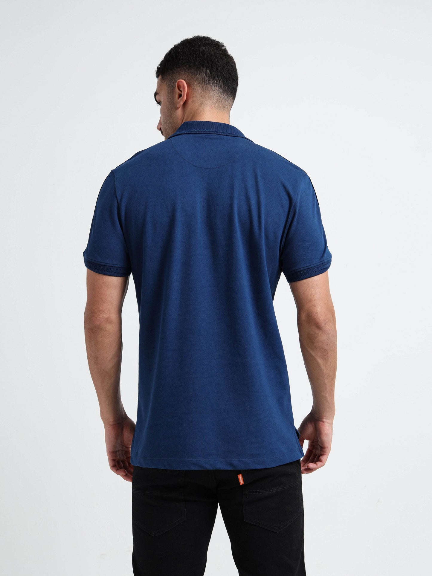 Textured Collar & Shoulder Dark Blue Polo Shirt for Men