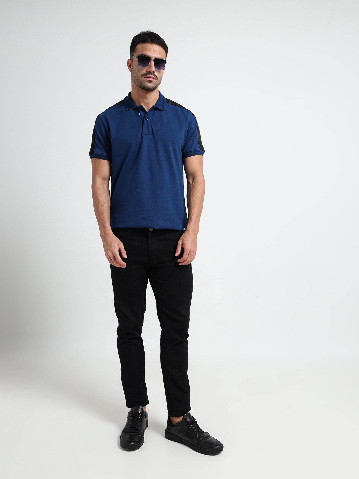 Textured Collar & Shoulder Dark Blue Polo Shirt for Men