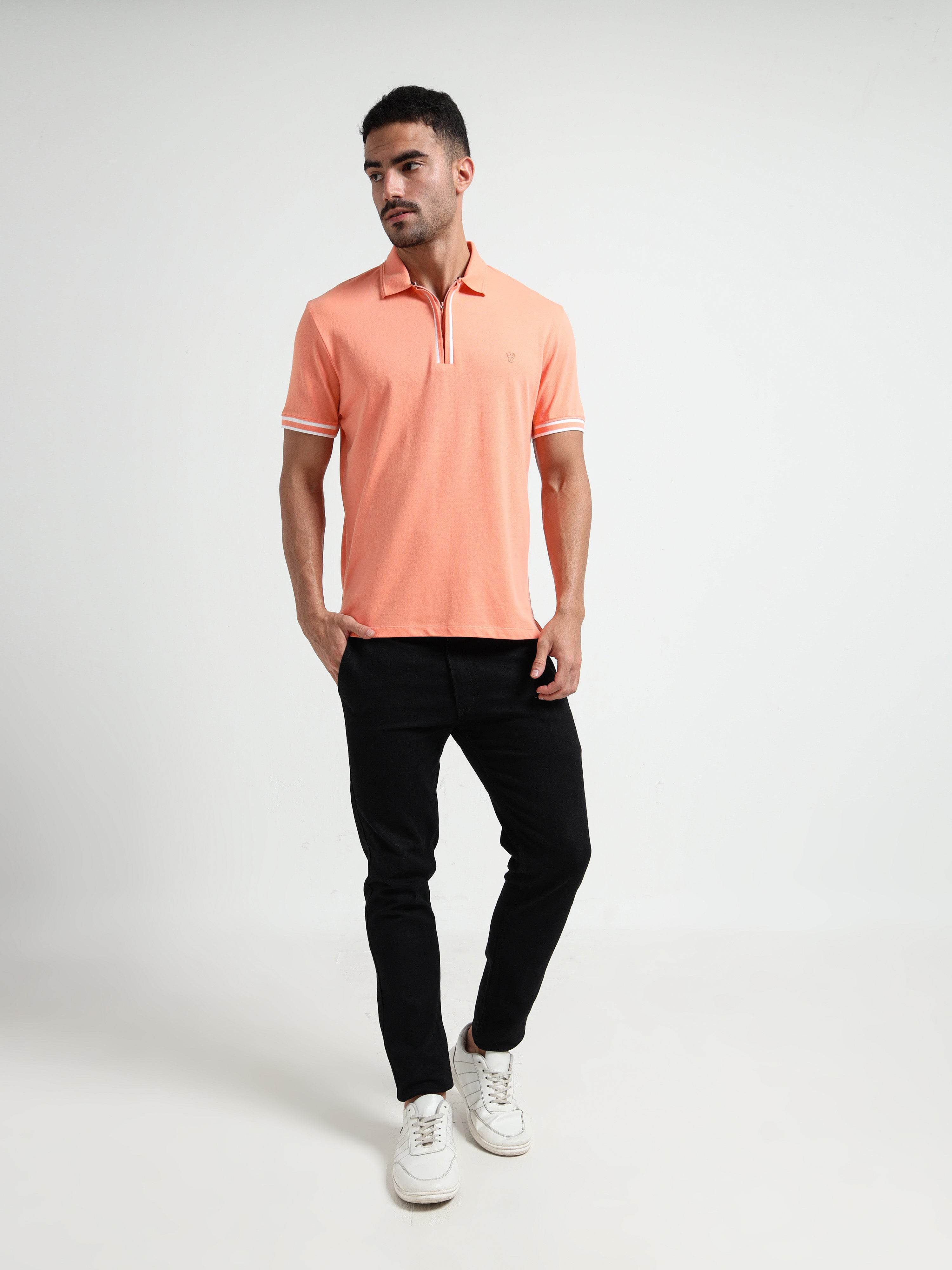 Light Orange Rougen Piqué Zipper Polo T Shirt for Men