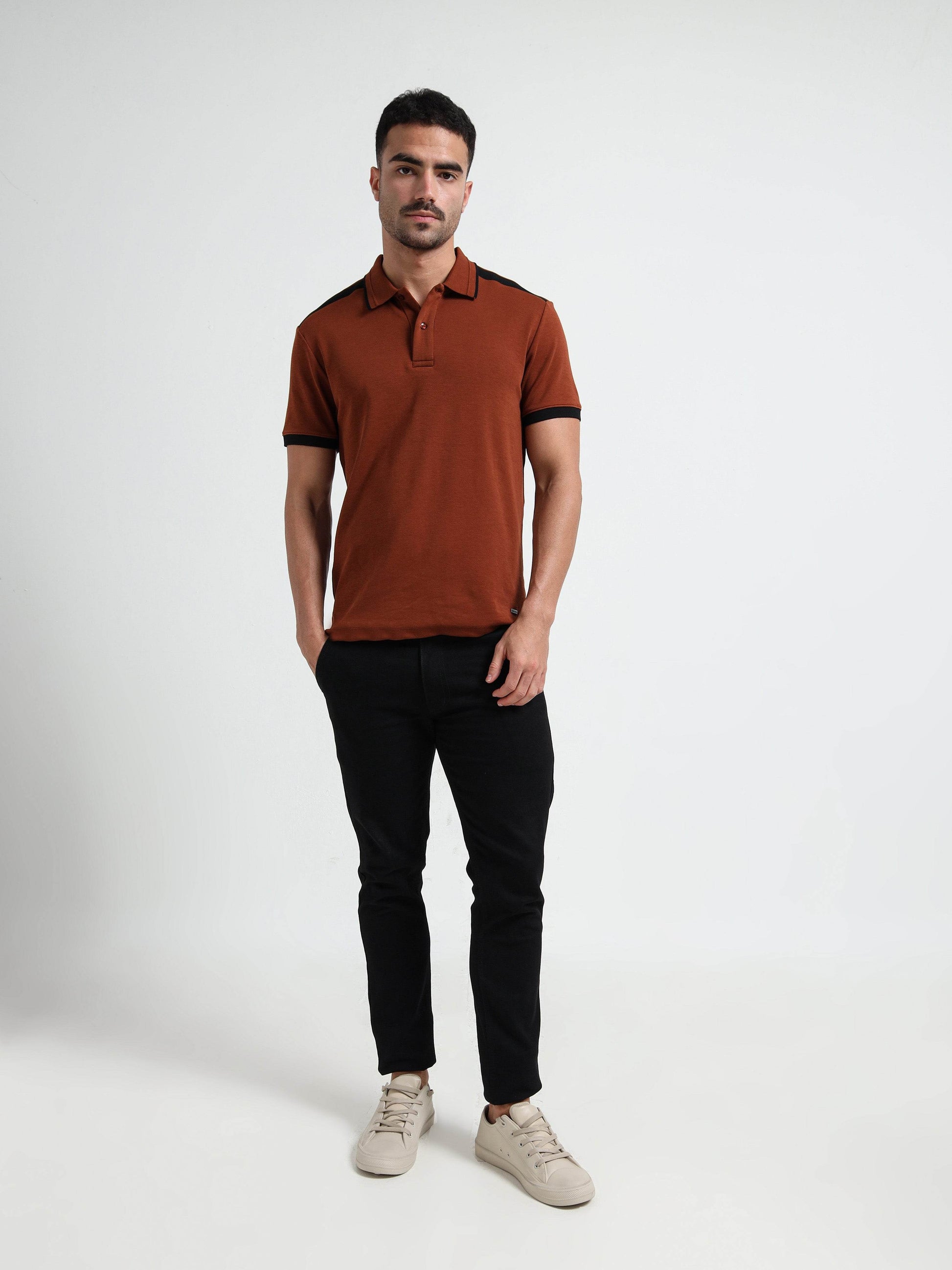 Contrast Shoulder Speed Breaker Collar Brown Polo Shirt