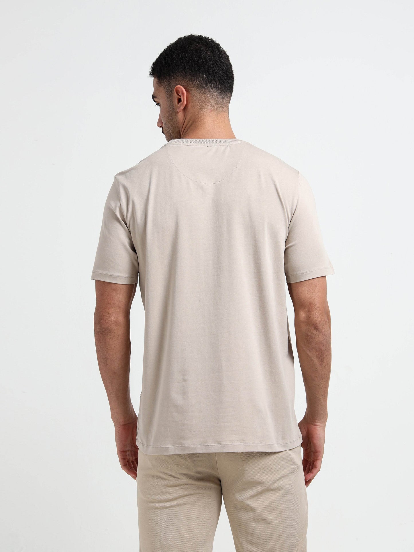 Textured Neck Rib Sand Regular Fit T Shirt