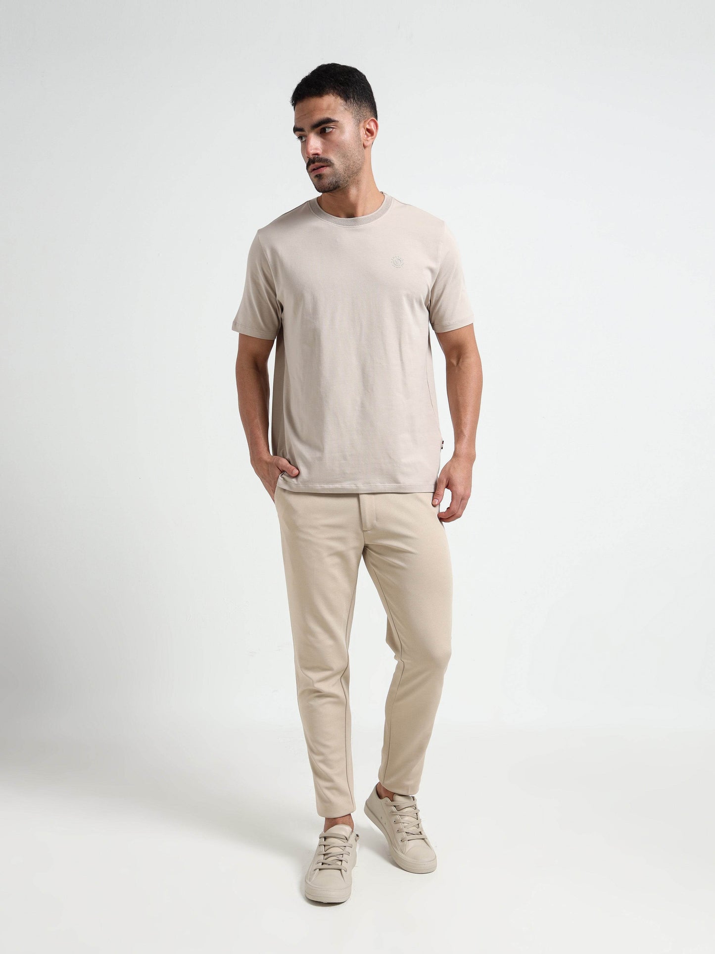 Textured Neck Rib Sand Regular Fit T Shirt