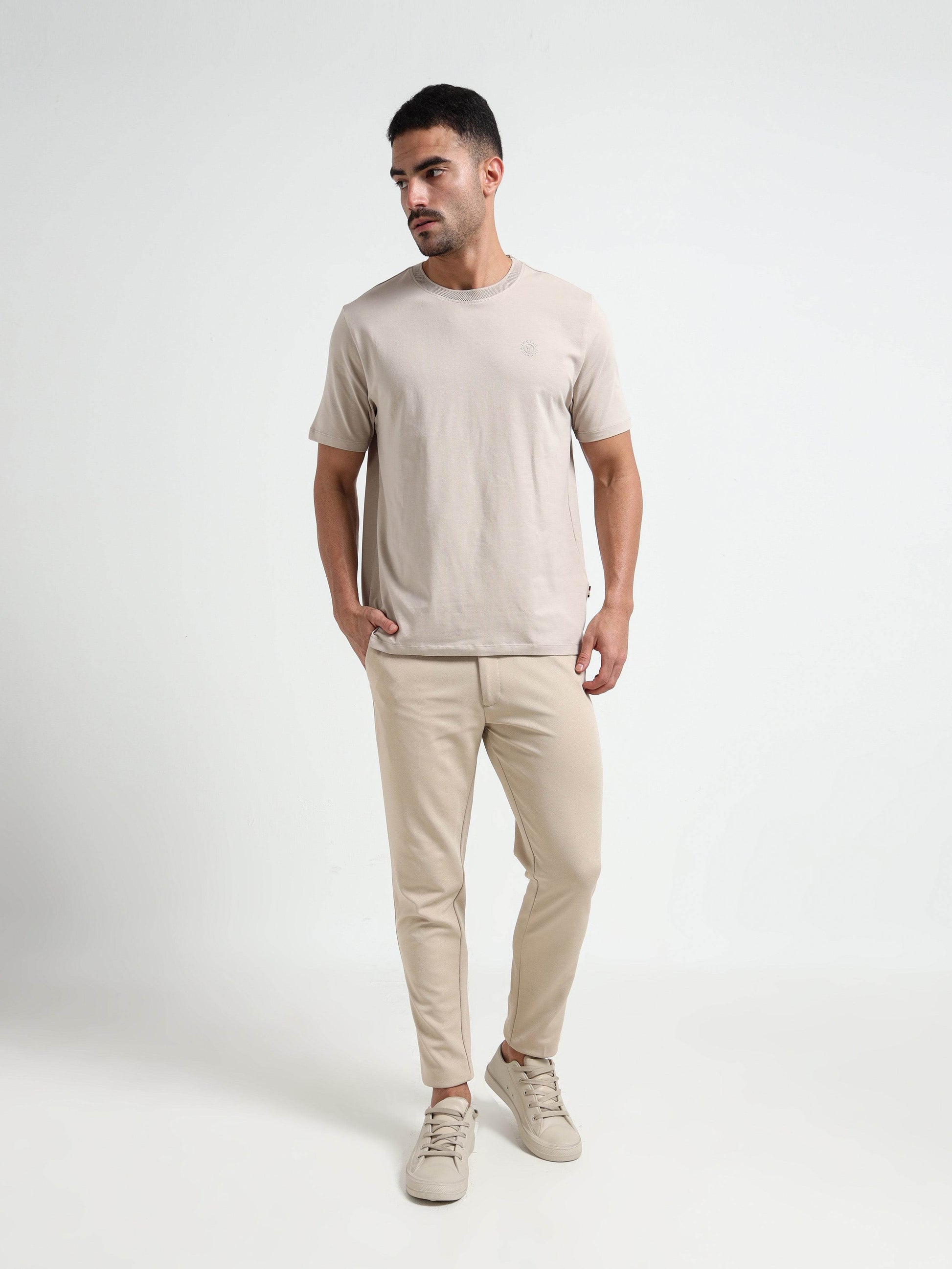 Textured Neck Rib Sand Regular Fit T Shirt