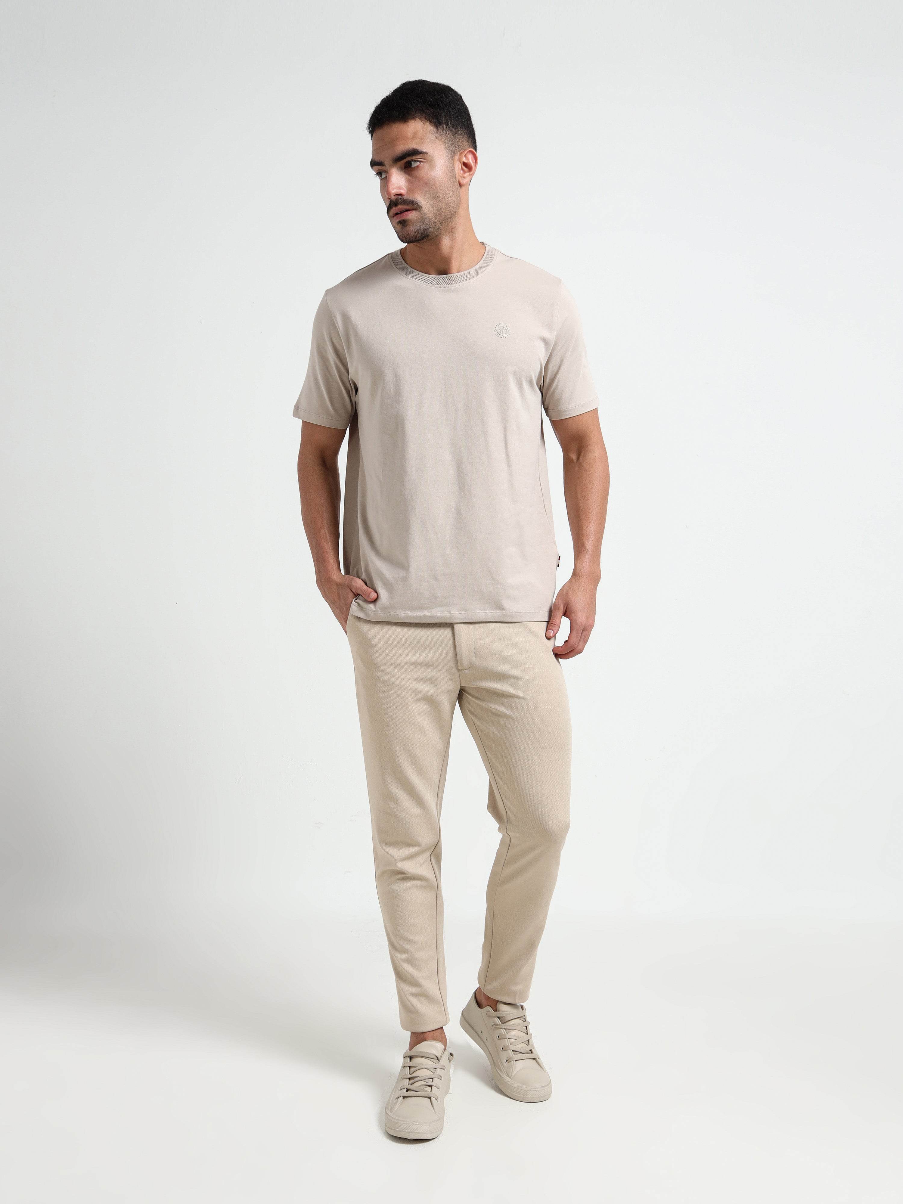 Textured Neck Rib Sand Regular Fit T Shirt