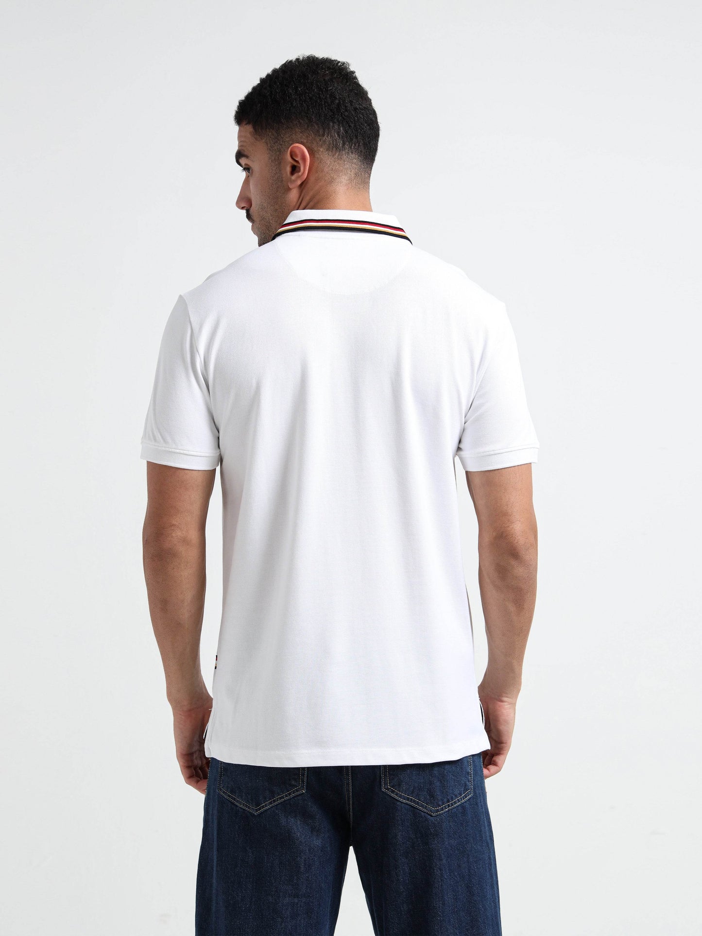 Flag Tipped with Sticker Print White Polo Shirt for Men