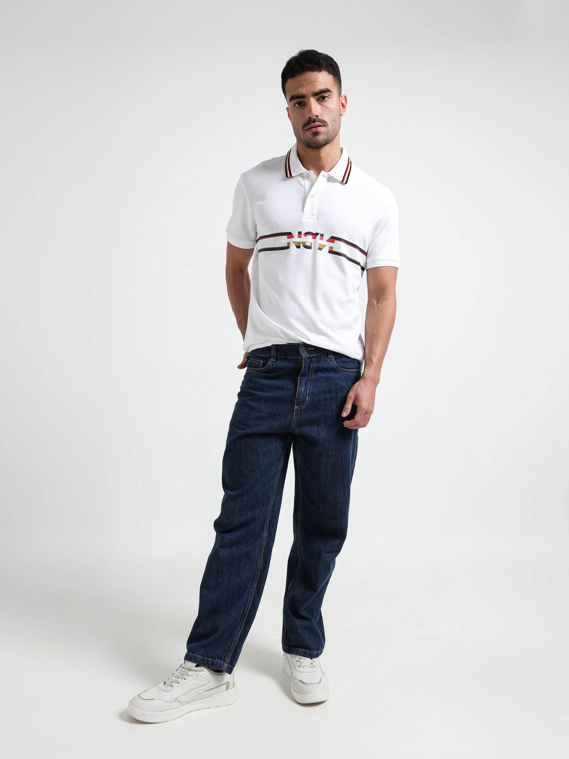 Flag Tipped with Sticker Print White Polo Shirt for Men