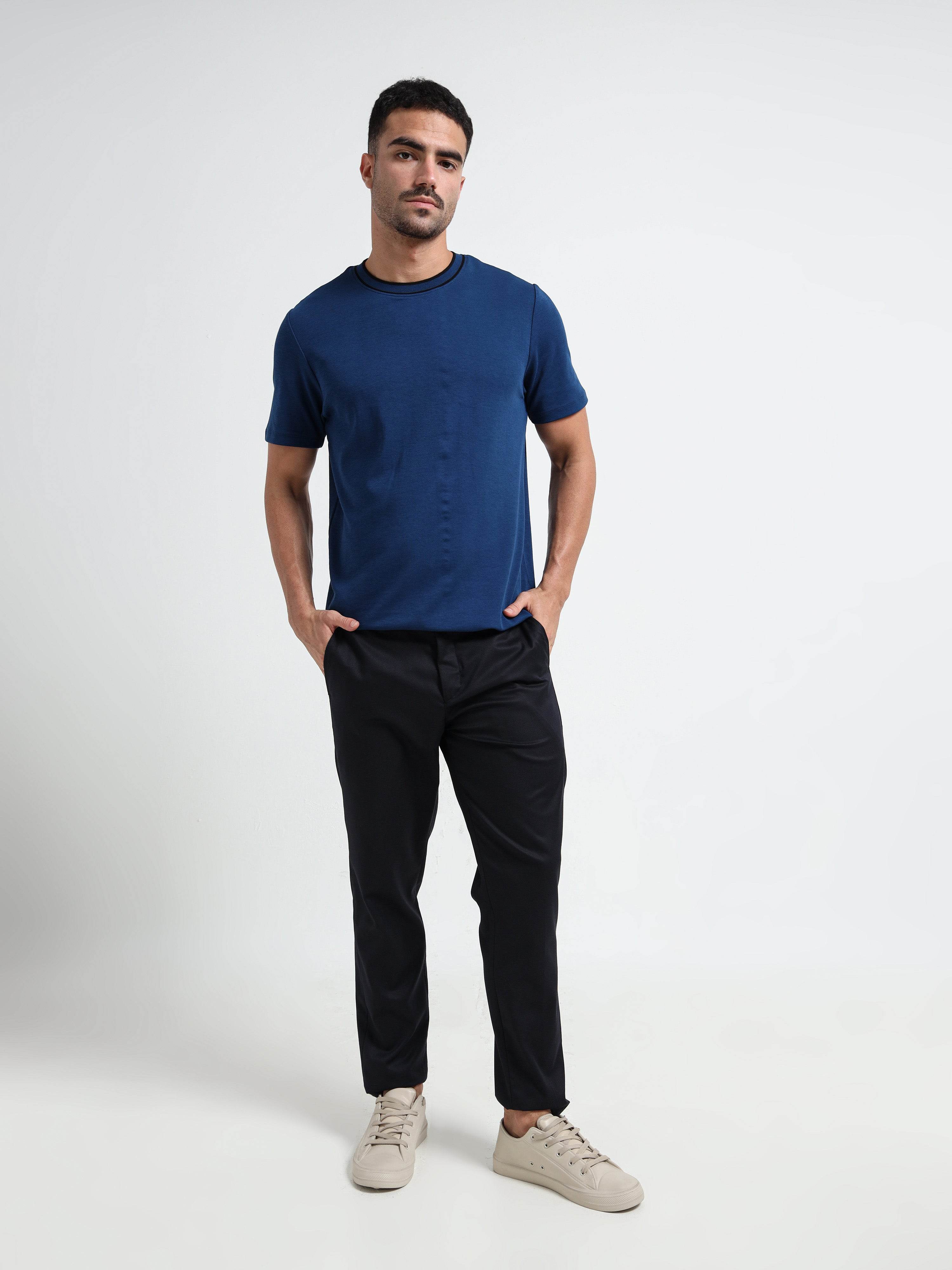 Dark Blue HD Print T Shirt with Flat-Knit Neck Rib