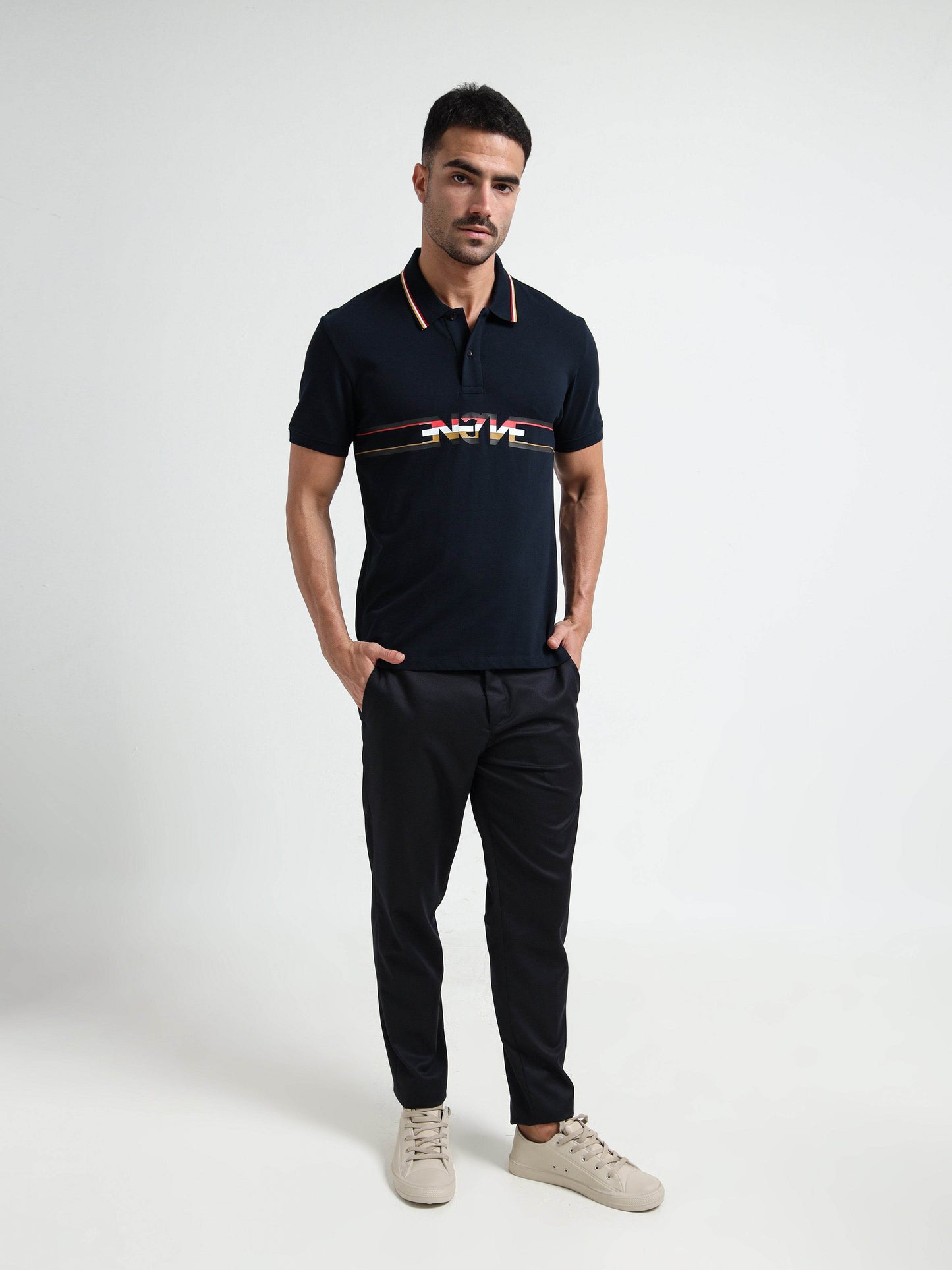 Engyne Supima Cotton Lycra Pique Polo – Signature Flag Tipped with Sticker Print Navy