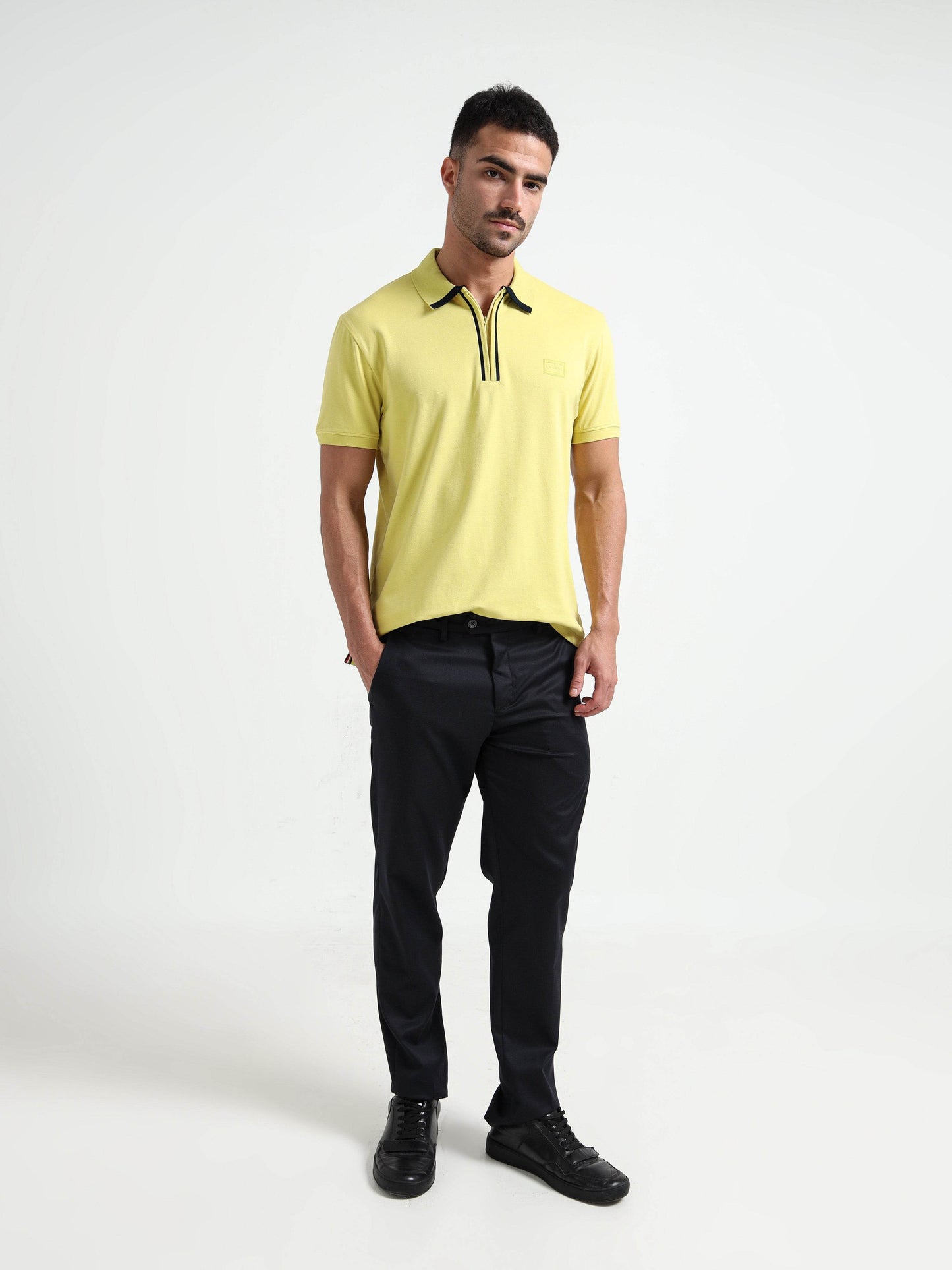 Supima Cotton Lycra  Neon Green Zip Polo Shirt for Men
