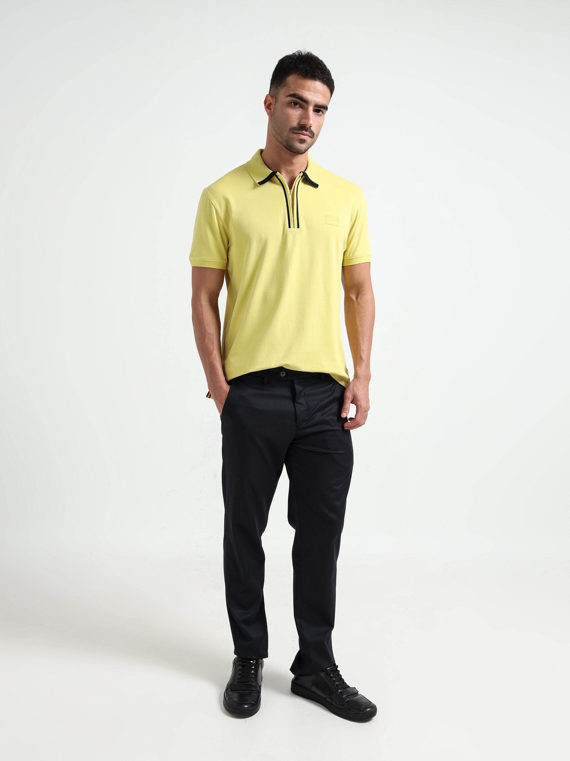 Supima Cotton Lycra  Neon Green Zip Polo Shirt for Men