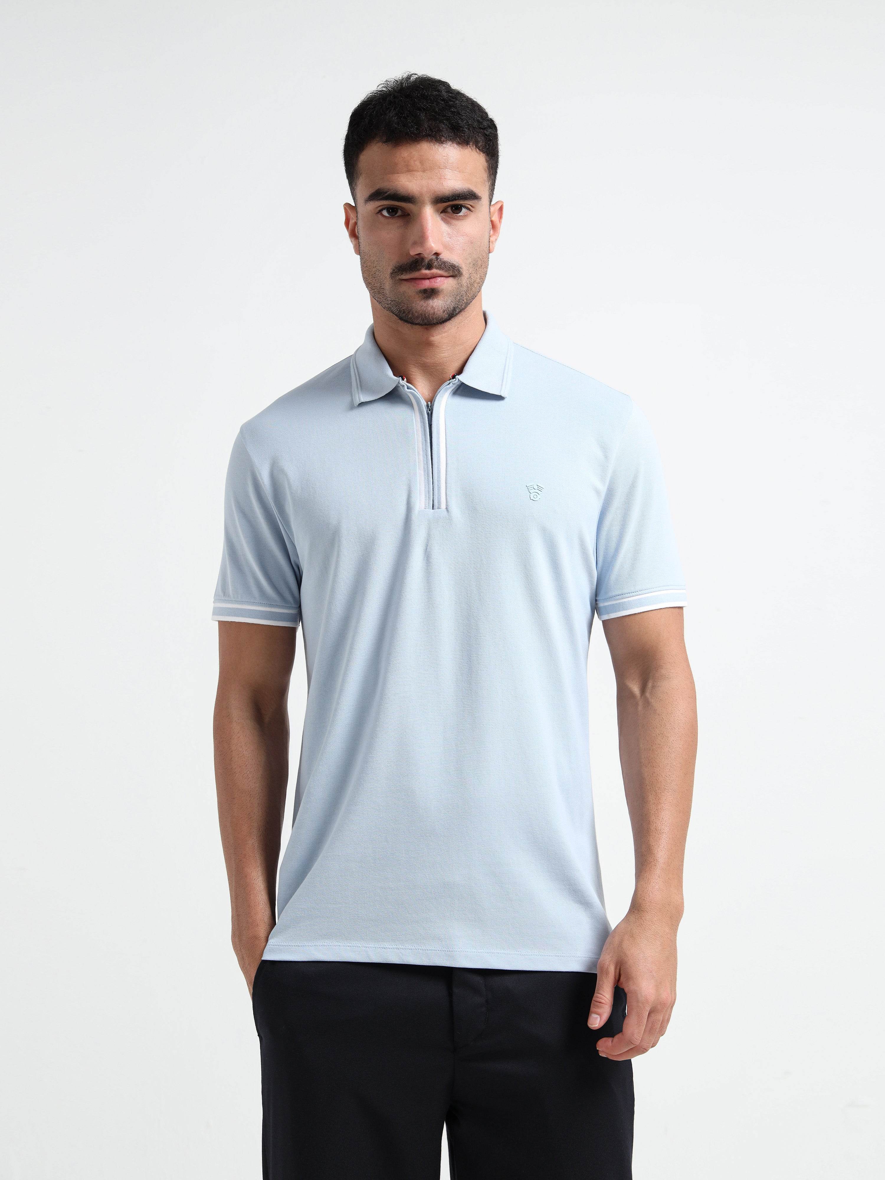 Light Blue Rougen Piqué Polo Zip Shirt for Men