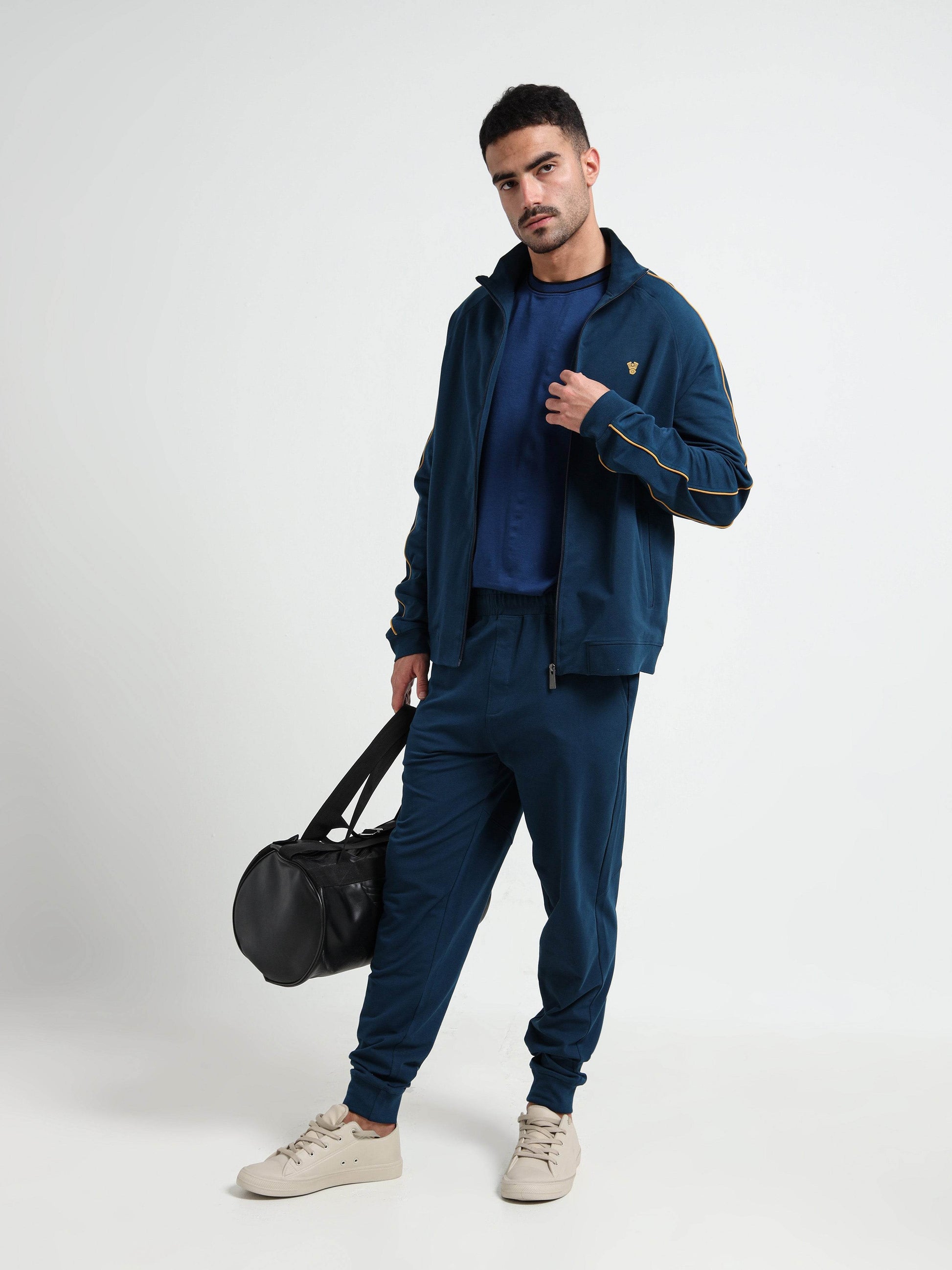 Elastane Loop Back Cut-and-Sew Teal Track Pant