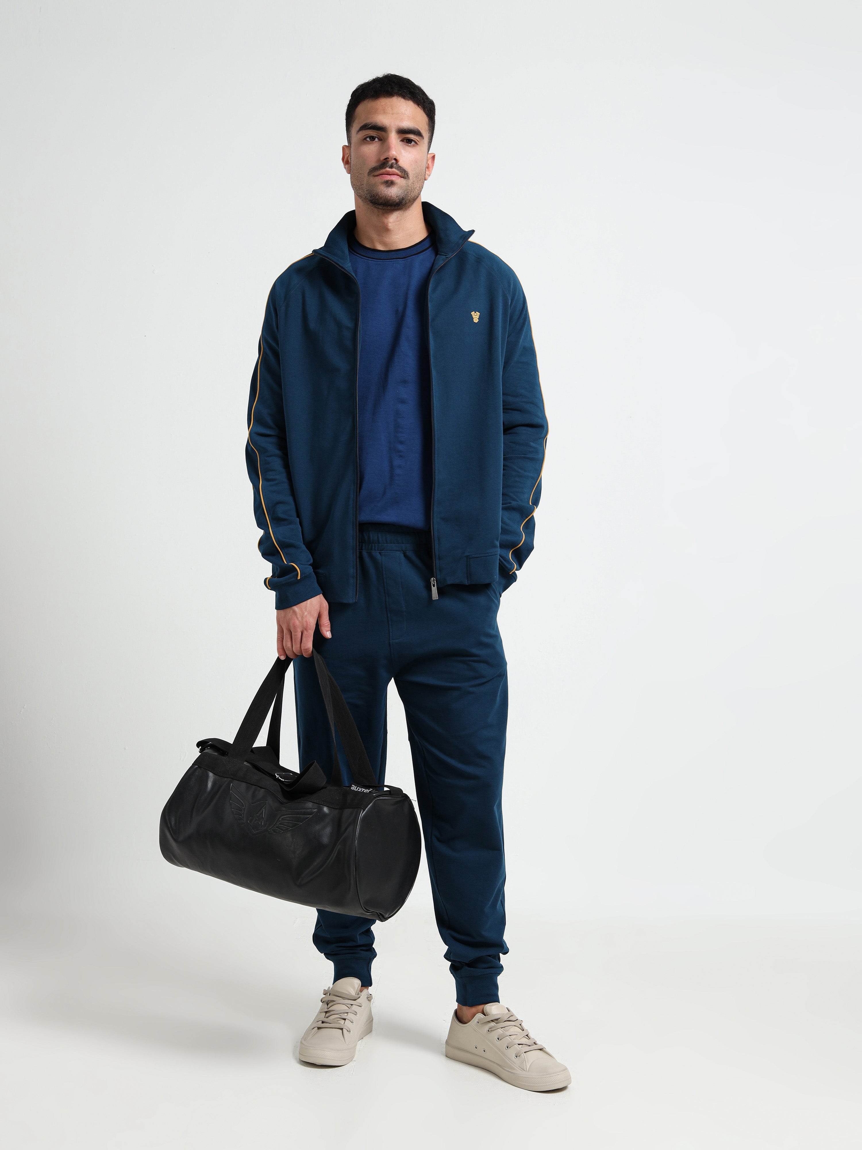 High Neck Contrast Corded Piping Teal Zipper Sweatshirt