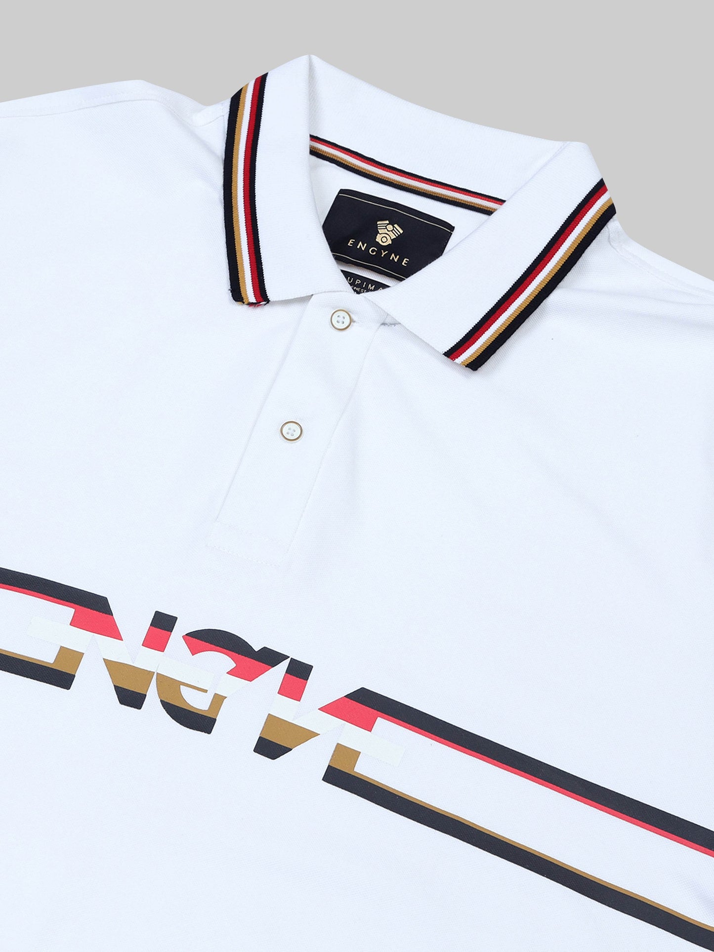Engyne Supima Cotton Lycra Pique Polo – Signature Flag Tipped with Sticker Print White