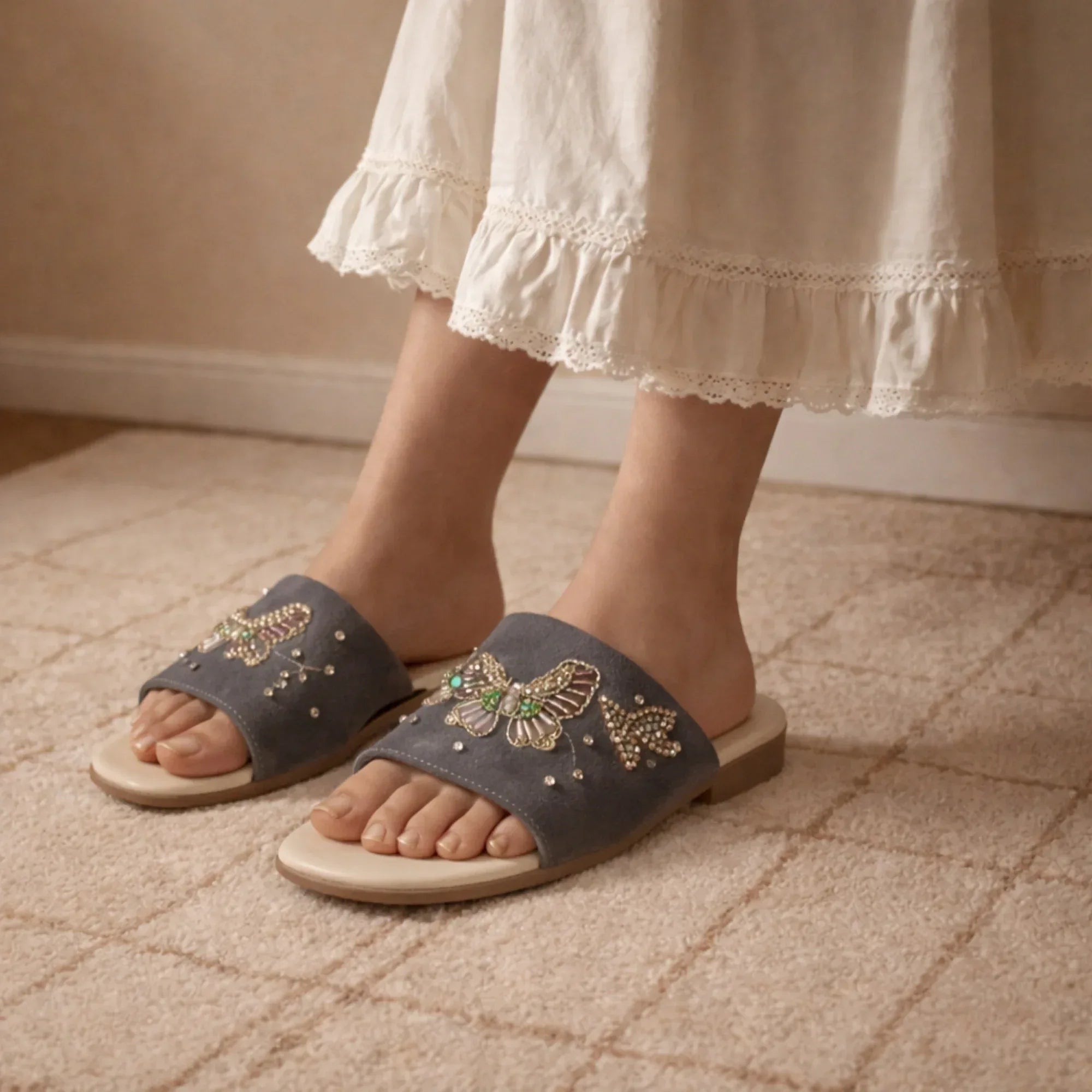 The Starlit Butterfly Grey Embellished Flats Rettrose