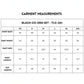 Size chart for the Black Co-Ord Set in soft cotton lycra, with measurements for shirt, pants, and top available in sizes XS to XXL.