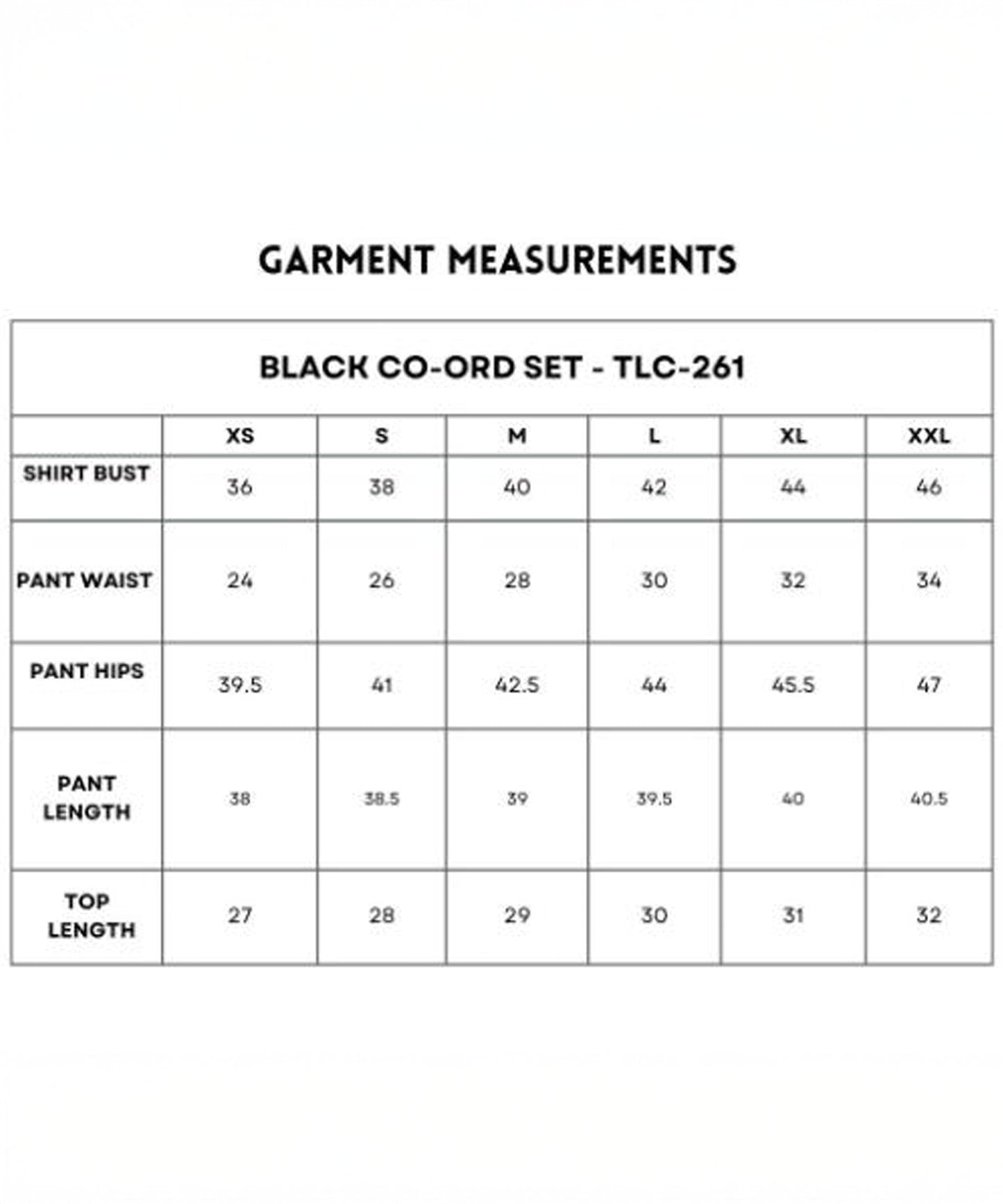 Size chart for the Black Co-Ord Set in soft cotton lycra, with measurements for shirt, pants, and top available in sizes XS to XXL.