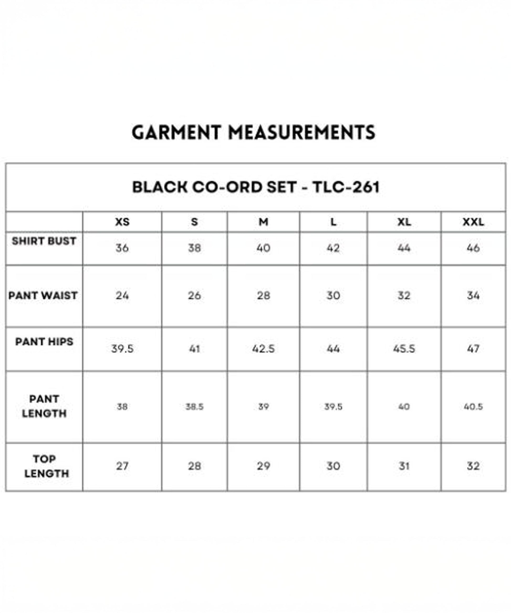 Size chart for the Black Co-Ord Set in soft cotton lycra, with measurements for shirt, pants, and top available in sizes XS to XXL.