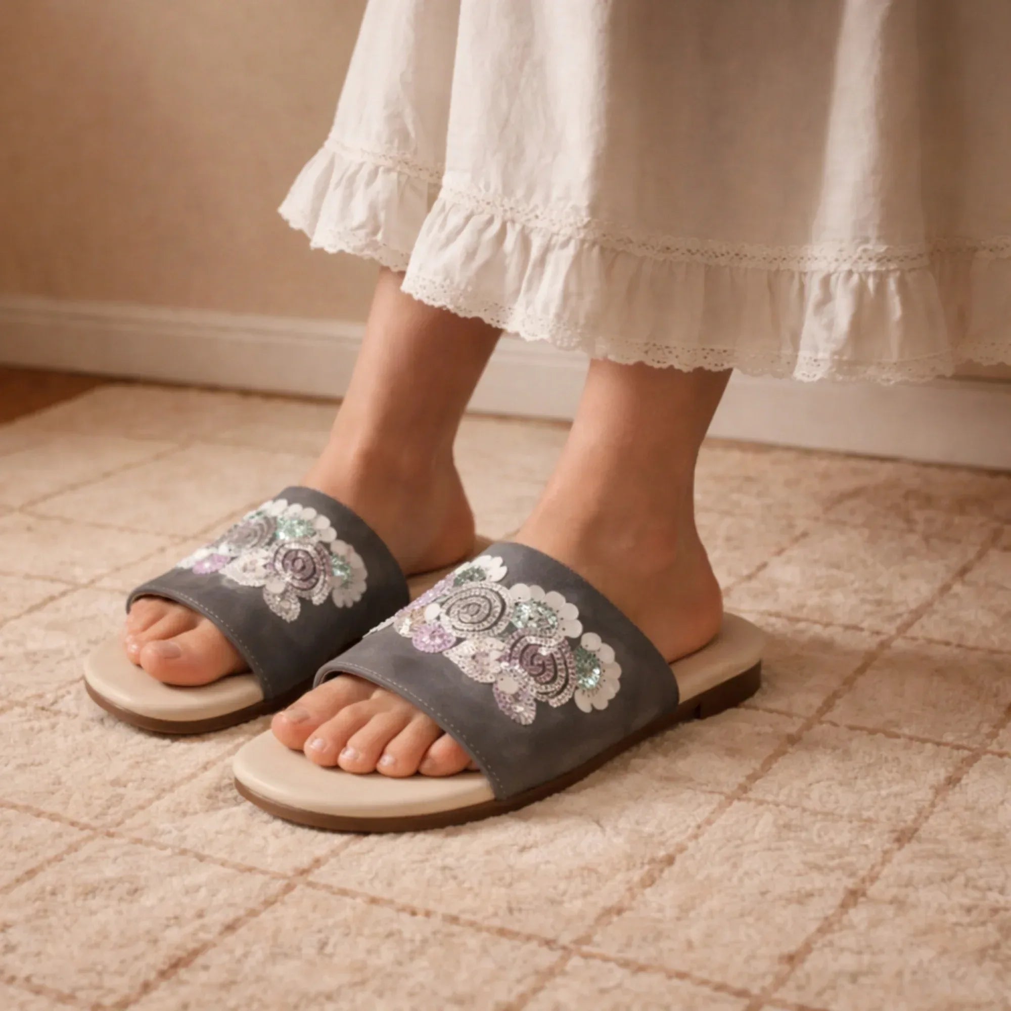 The Fleur Dusk Floral Grey Embellished Flats Rettrose