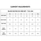 Black Rayon Co-Ord Set measurement chart with sizes XS–XXL, includes bust, waist, hip, and length details for both the stylish top and loose-fit pants.